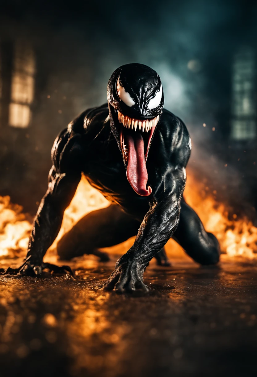 Venom in slime form, scary, long tongue , evil, enemy, fighting, attacking pose, screeming, fire, explosions