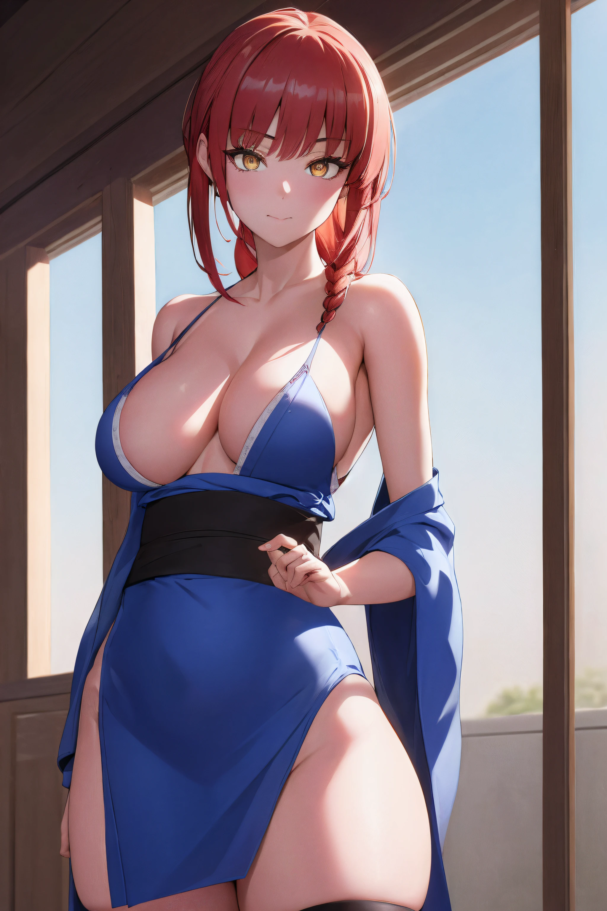 (masterpiece, best quality:1.2), cowboy shot, solo, 1girl, makima, expressionless, closed mouth, looking at viewer, hands on hip, braided ponytail, ringed eyes, formal, bare shoulders, blue kimono, blue ribbon, blue thighhighs, collarbone, detached sleeves, japanese clothes, kimono, thighhighs,NSFW,official art,extremely detailed CG unity 8k wallpaper, perfect lighting, (masterpiece:1.0),(best_quality:1.0), ultra high res,4K,ultra-detailed, photography, 8K, HDR, highres, absurdres:1.2, Kodak portra 400, film grain, blurry background, bokeh:1.2, lens flare, (vibrant_color:1.2),(beautiful_face:1.5),(narrow_waist),(perfect hands, perfect anatomy),