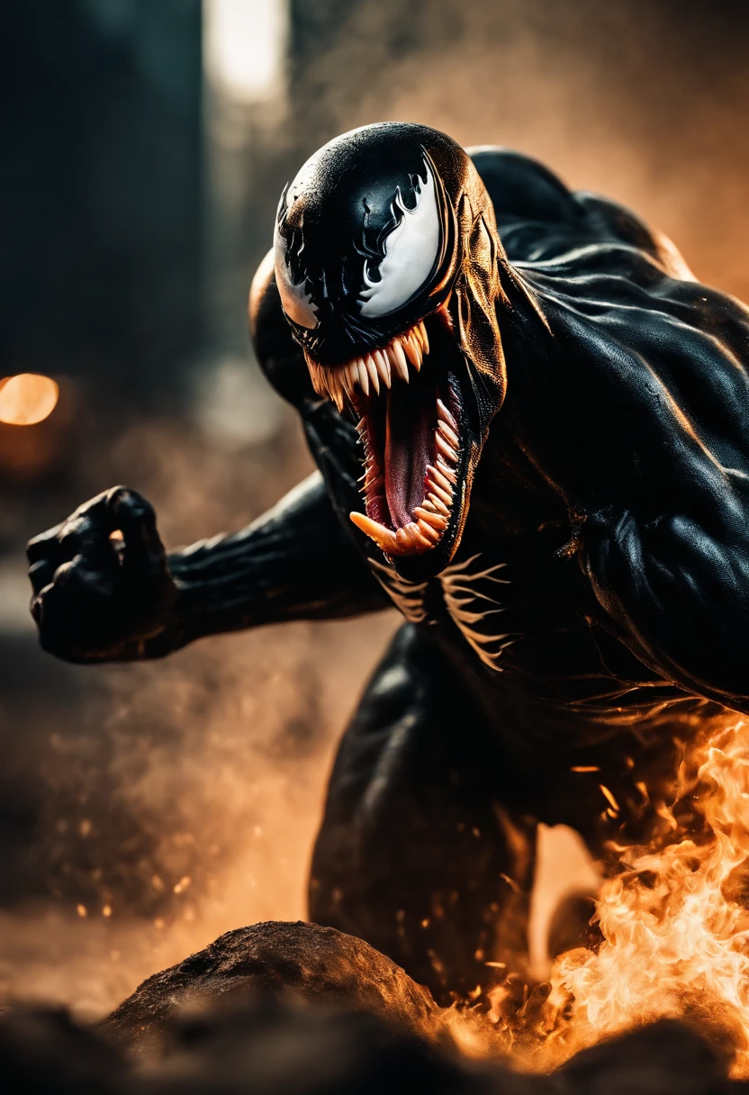 Venom in slime form, scary, long tongue , evil, enemy, fighting, attacking pose, screeming, fire, explosions