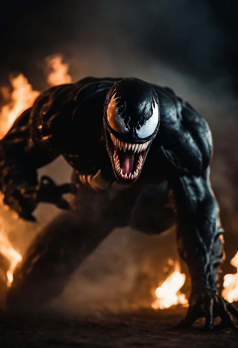 Venom in slime form, scary, long tongue , evil, enemy, fighting, attacking pose, screeming, fire, explosions