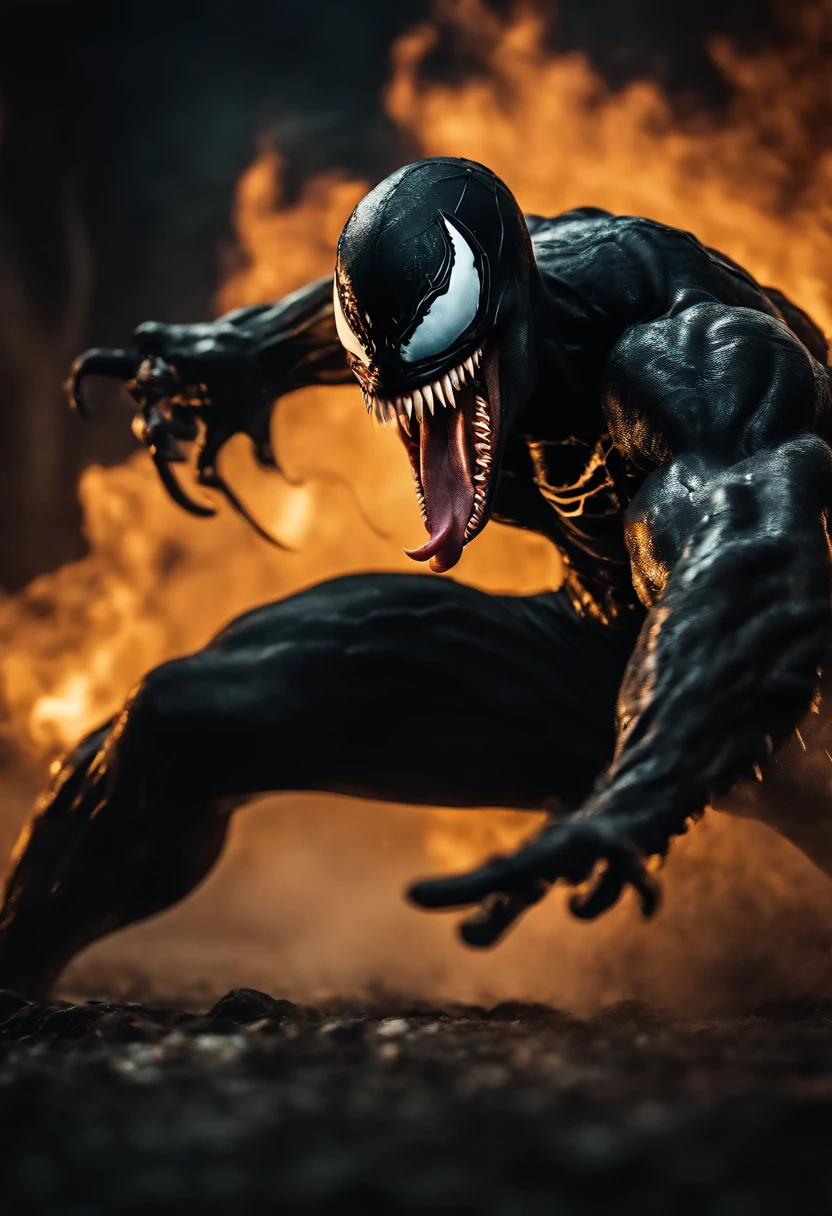 Venom in slime form, scary, long tongue , evil, enemy, fighting, attacking pose, screeming, fire, explosions