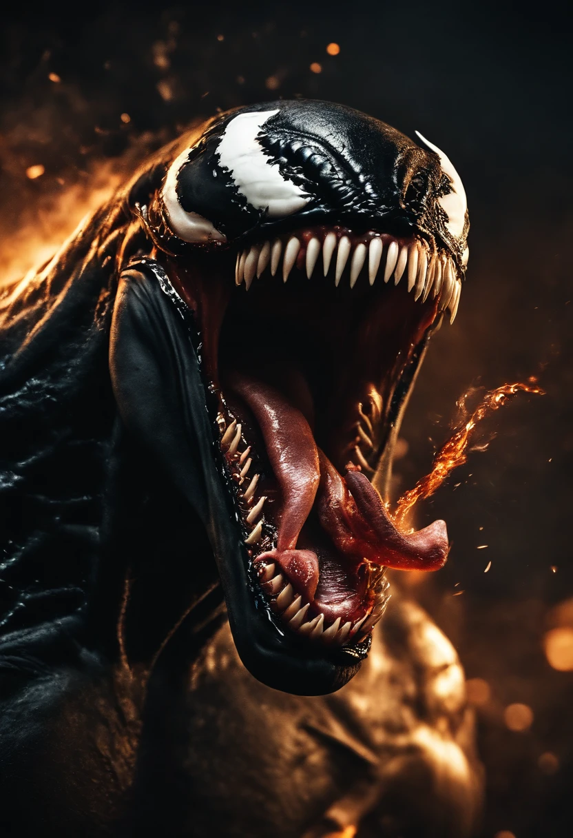 Venom in slime form, scary, long tongue , evil, enemy, fighting, attacking pose, screeming, fire, explosions