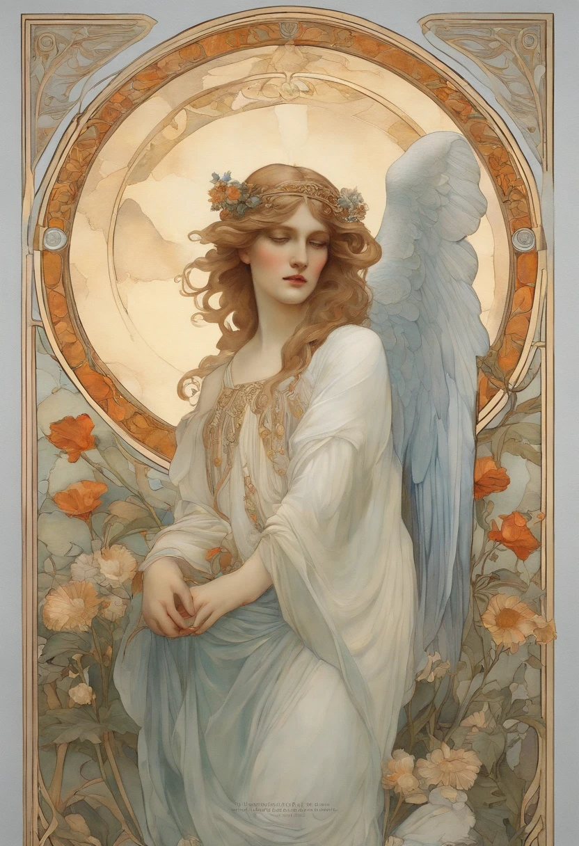 A highly defined super detailed watercolor painting, an angel, male figure, soft gaze, flower, detailed cover art, with wings, Halo of Holiness, observing, In the style of Alphonse Maria Mucha and Gustave Kilmut, Art Nouveau Accents, Alphonse Mucha , Gustavo Klimt, pale bluish skin, a marble sculpture, CGSesociedade, Gothic art, Art Nouveau, Behance contest winner