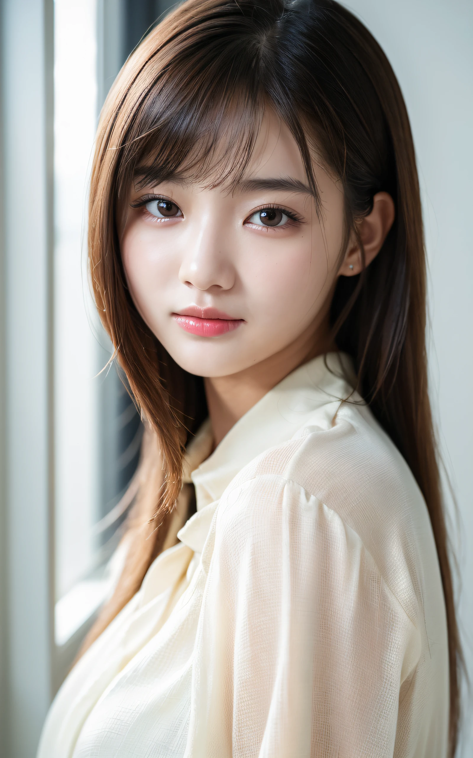 (Photo Real:1.4), (hyper realisitic:1.4), (Smooth lighting:1.05), 1 girl, (sad:1.5), neat and clean beauty, Close-up of the face, 22 years old, Soft lighting, Back lighting, (cheerfulness:1.2), (Finest Real Textured Skins), Narrow-eyed, Super fine face, Gravure Idol Pose, glowy skin, retinas, Anatomically correct, acurate, Super Detail, Textured skin, High quality, high details, Best Quality, High resolution, bangs, Silk Blouse