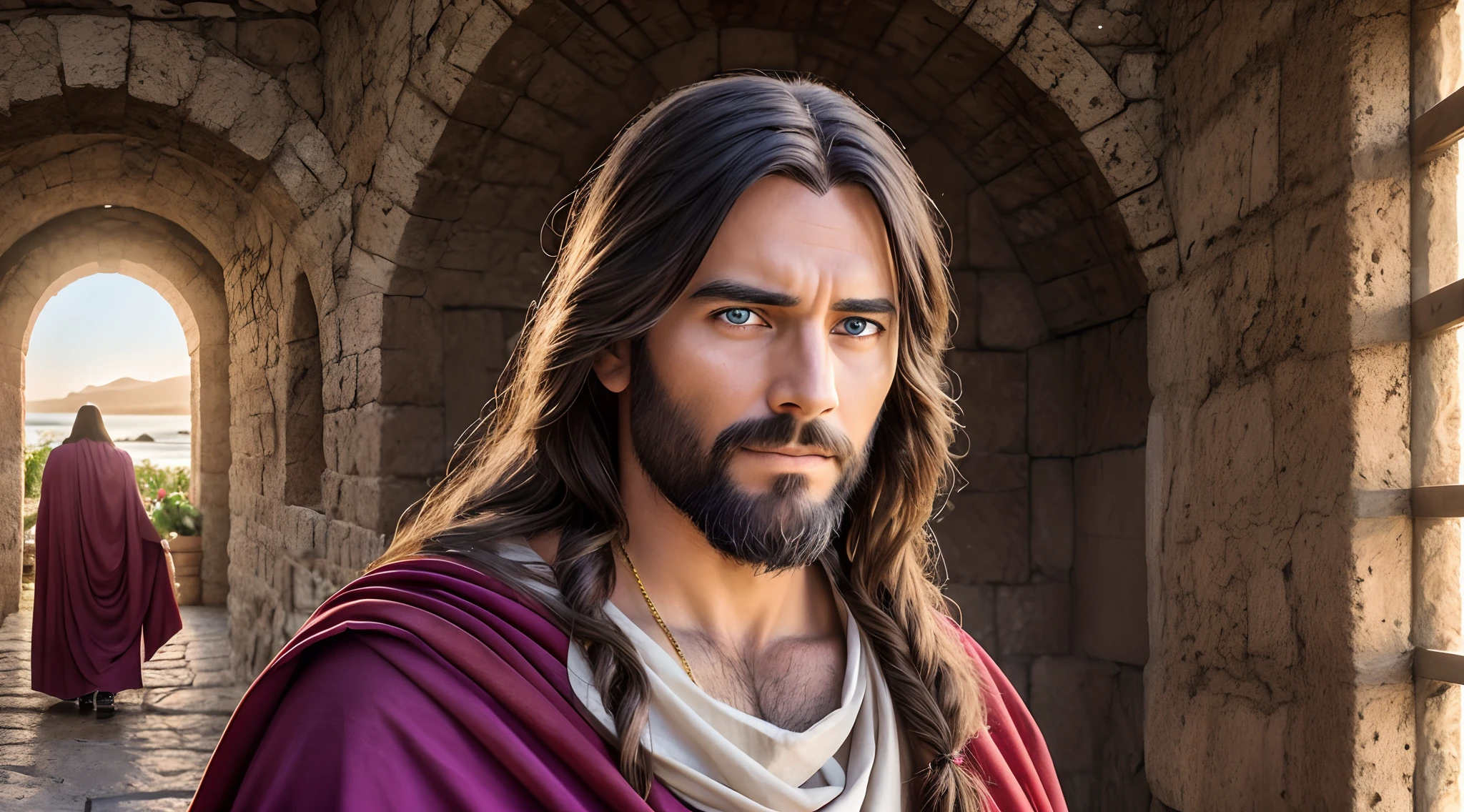 Professional photo, of a MAN, JESUS OF NAZARETH, with details, complete, Photorealistic, 8K, of Jesus of Nazareth, brown caabelos, blue eyes, detailed face, realistic, high quality, soft lighting, light clothing in magenta color, with gold details, near the Sea of Galilee, violet sky, beautiful, expression of loving Jesus, real photo, cinematic, sharp focus, high resolution,  masterpiece, solution, DSLR, high quality, Fujifilm XT3, award-winning, masterpiece, real photo, PSD, lamp film photography, sharp focus, contrast lighting, detailed skin, high resolution 8k, crazy detail, realistic, professional photography, 8k UHD, SLR camera, soft lighting, high quality, grain film, Fujifilm XT3. MAN, MAN.