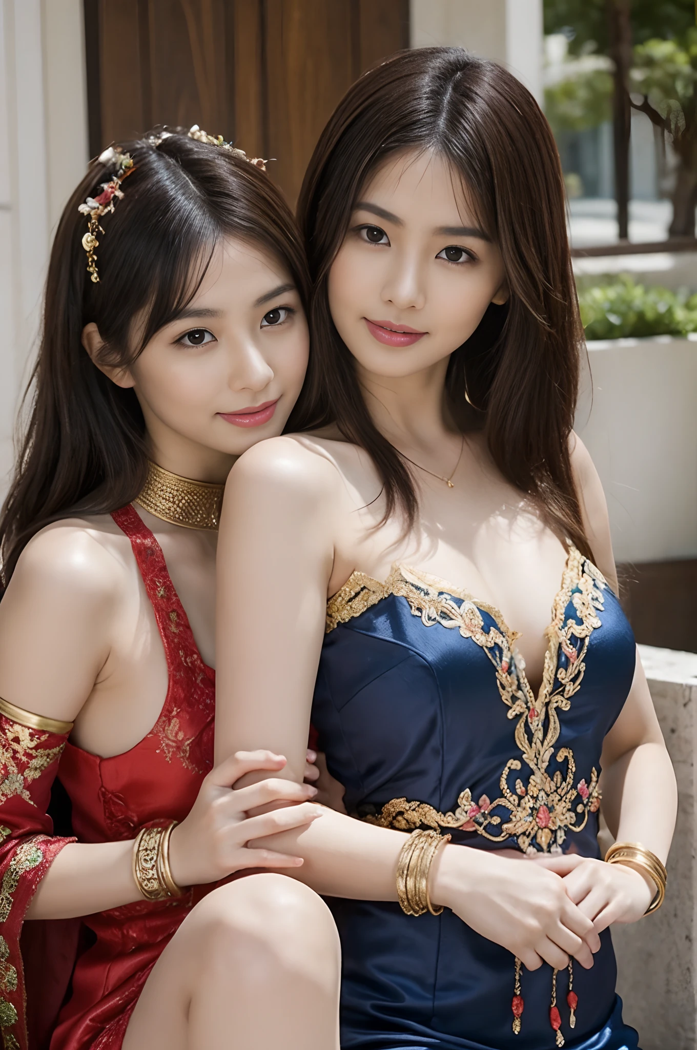 The proportions are the same for all races, All faces and pictures must be different,Portraits of two vibrant exotic goddesses,Silk lace,Embroidery,armlets, bangle:1.3,Ancient hair accessories,