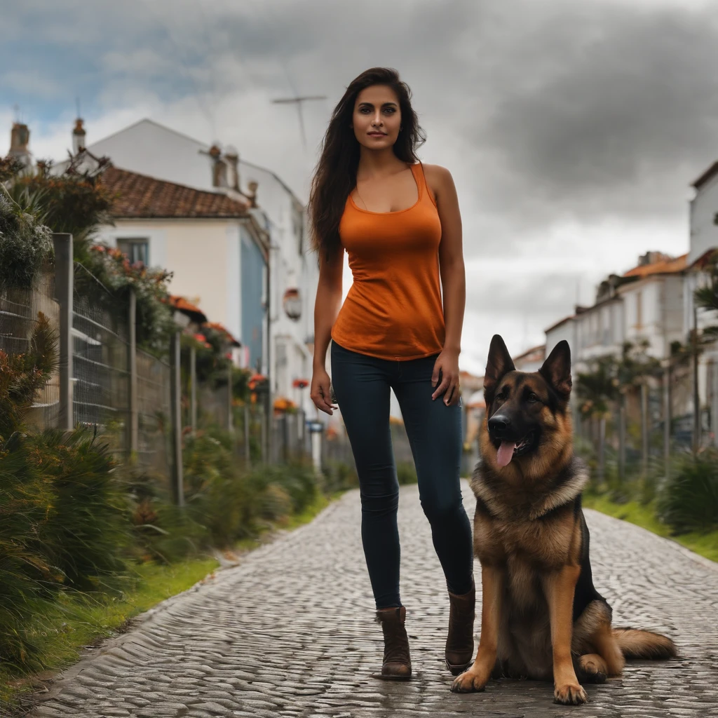 Alta qualidade Foto Realista de uma Jovem morena, 29 anos muito sensual, Training a female German Shepherd by your side in the city of Ponta Delgada