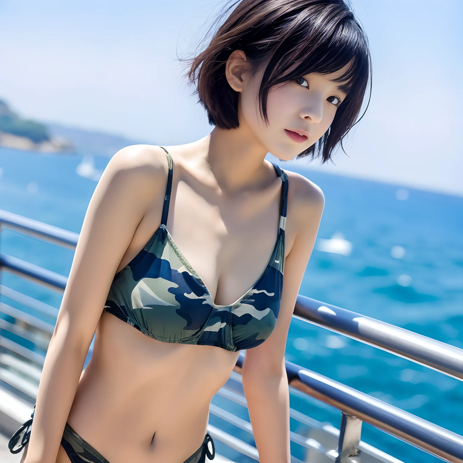 18year old、Beautuful Women、Slimed、Camouflage Pikini、White panties、short-hair、A dark-haired、D-Cup bust、Exposed chest。full bodyesbian。sea side、blue open sky