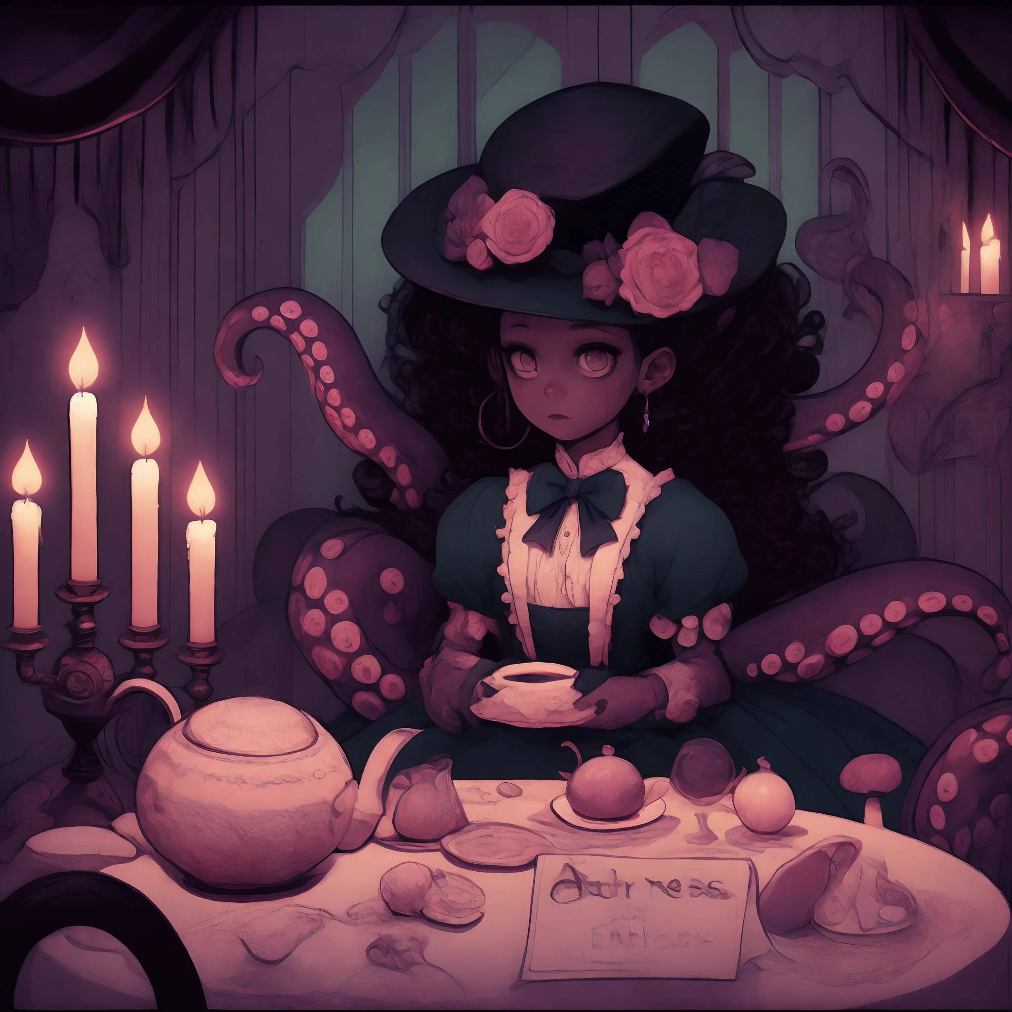 Tentacle Girl. dress with ruffles. tea party. Inside a dark mansion. candle. Rose flowers on a plate.