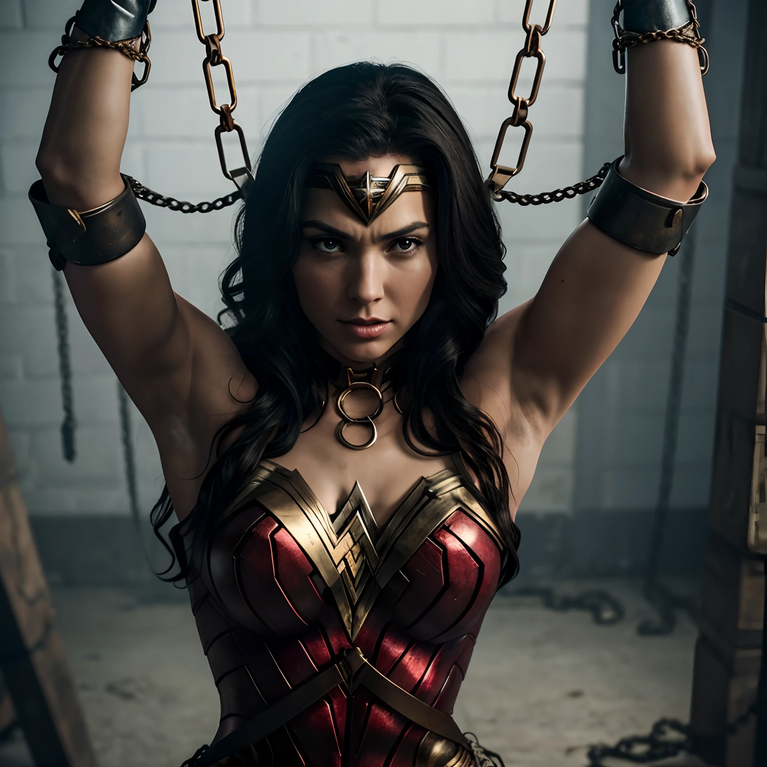 Wonder Woman being tied up with chains. She should be depicted as struggling, but ultimately unable to escape. The chains should be wrapped around her limbs and body, restricting her movement. Her hands may be above her head, and she should have an expression of defiance and determination despite being trapped. The tone of the image should be dark and dramatic