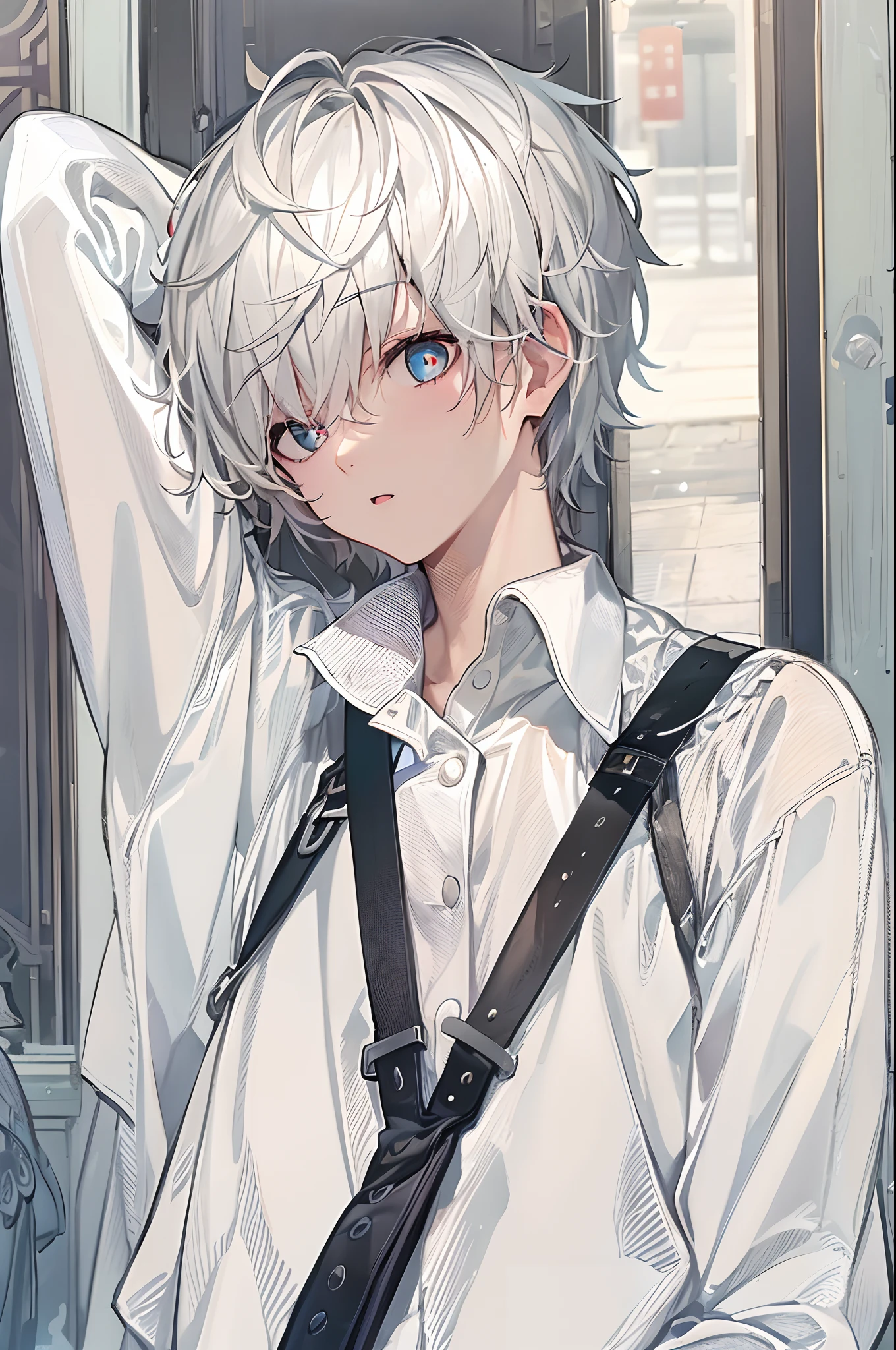 16-year-old boy，with short white hair，Blue pupil，White color blouse，Black suspenders，Full body photo