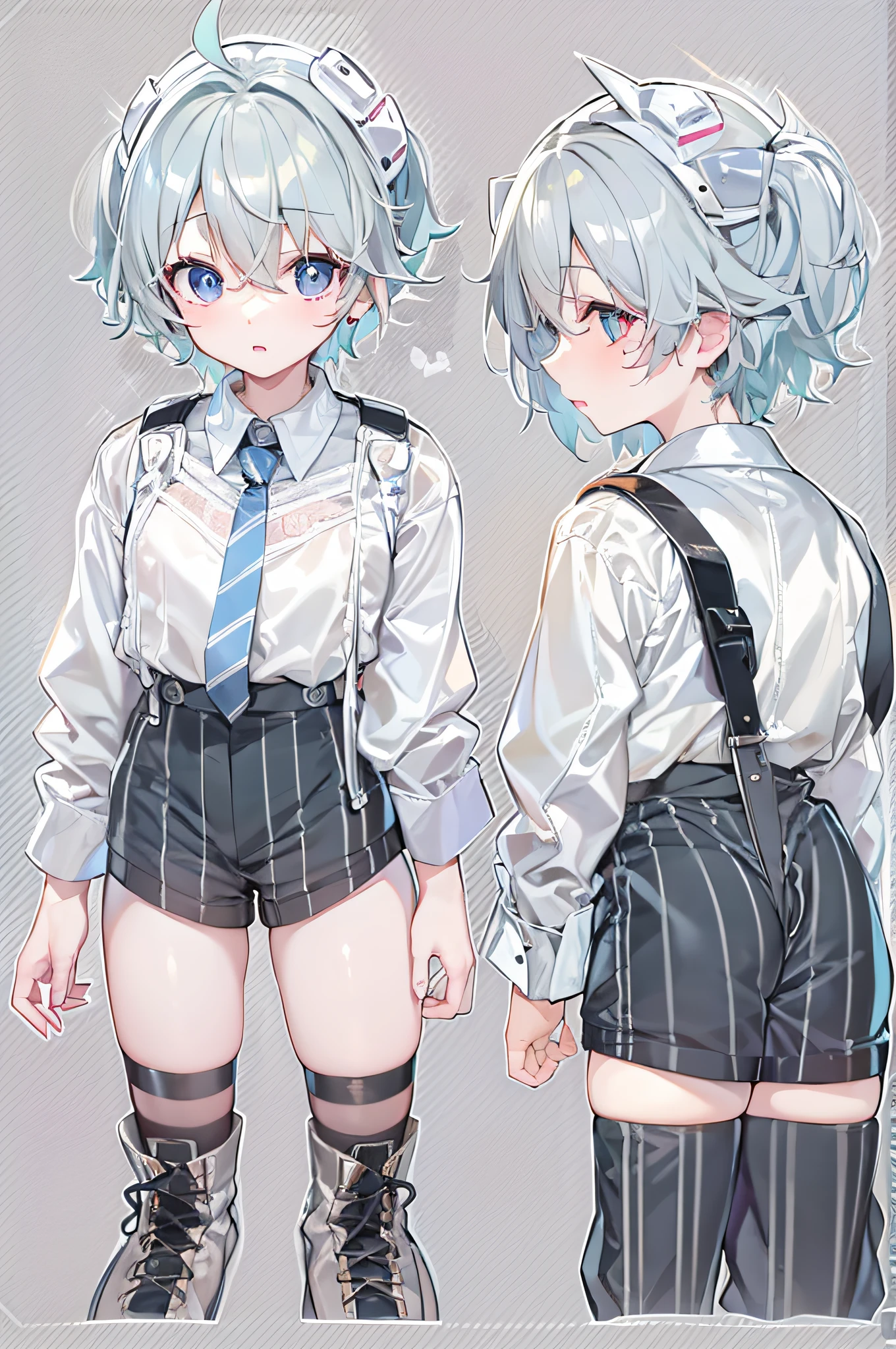 16-year-old boy,with short white hair,Blue pupil,White color blouse,Black suspenders,Full body photo,Weight 50 kg