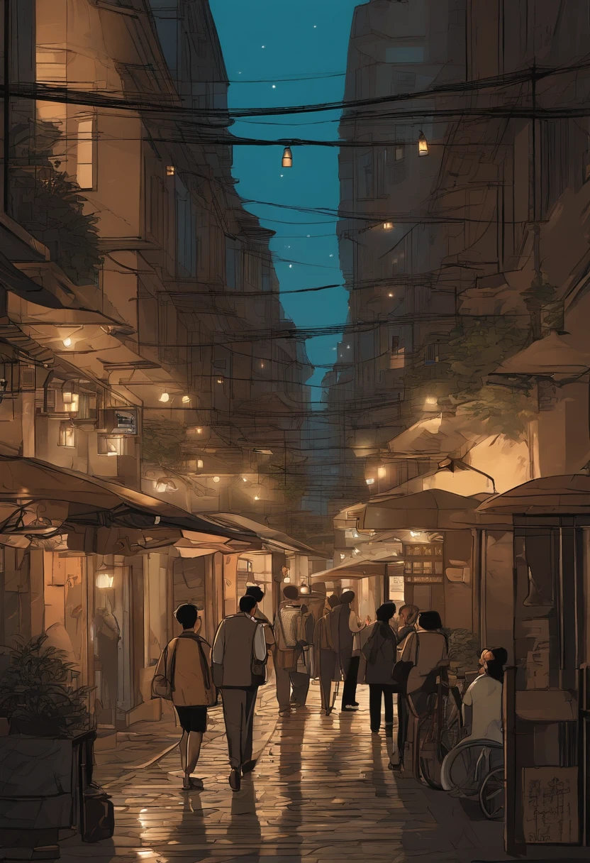 comic strip,Hong Kong comic book style,Fengyun comic style,(((Comic storyboard))),A few pedestrians scattered,There are few people,early evening,eventide,The narrow streets of the town,starrysky,vibrant with colors,super-fine,Smooth lines,high qulity,8K,tmasterpiece