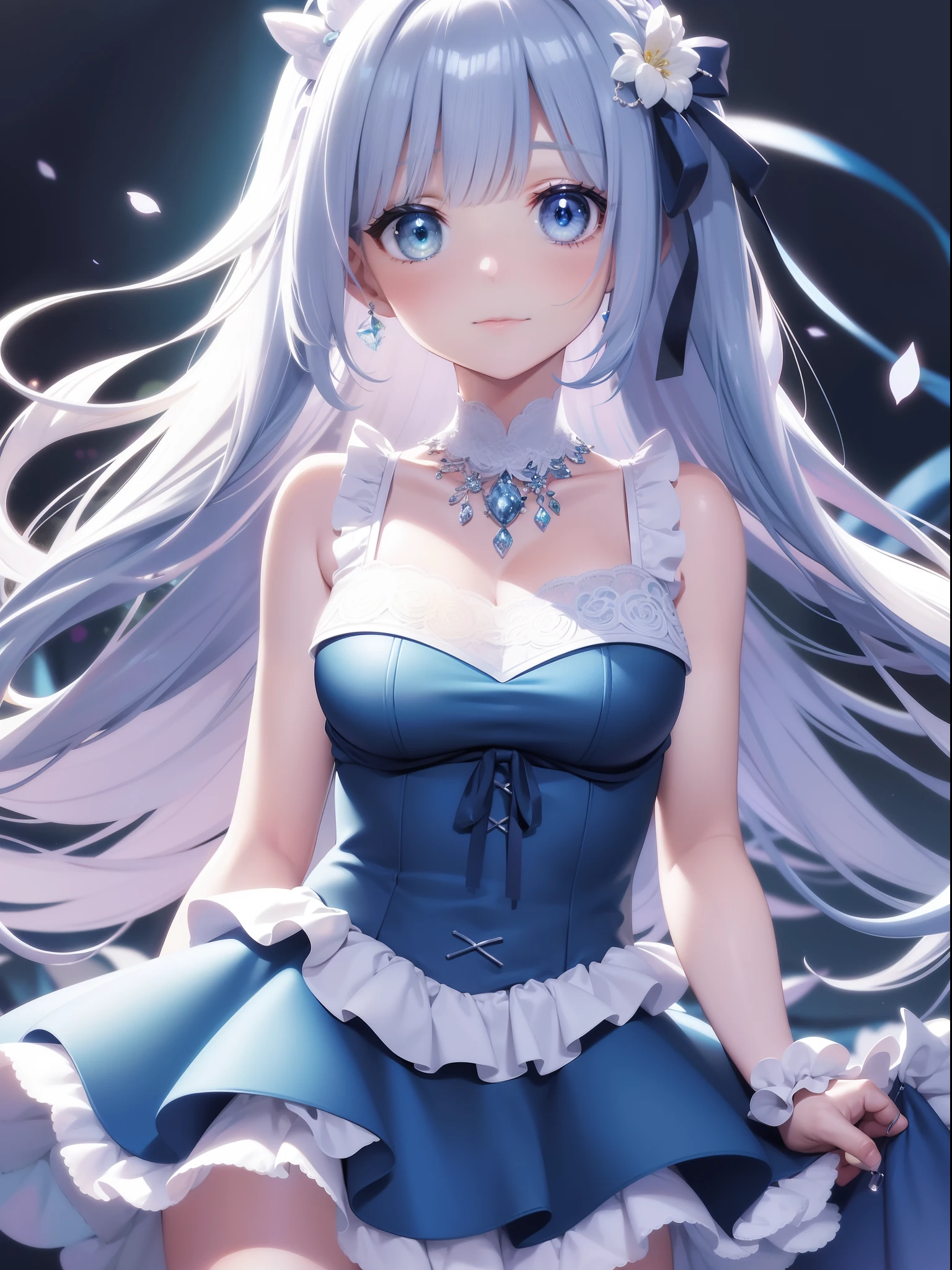shopping in caddy shop, masterpiece, best quality, ultra-detailed, illustration, 1girl, solo, close-up, ((surprised)), (glowing blue_eyes:1.3), blush, eyebrows_visible_through_hair, long_hair, hair_ribbon, ribbon, frills, lace, white_dress, cute, soft_shading, watercolor, pastel_colors, flower, petals, bokeh, (big sized accessory on hair:1.3), necklace,