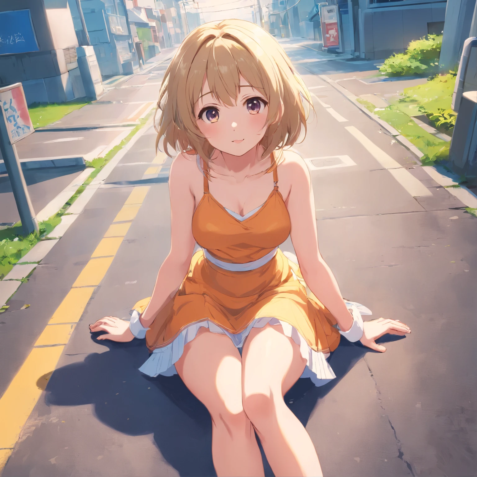 Cute ,long whitr hair,Leaky shoulders,Barefoot,head looking up,Lie on the ground,Raise your feet,shift dresses,white panties,largeeyes,Anime cute face,Lolig white socks,Lift the skirt,huge tit naked