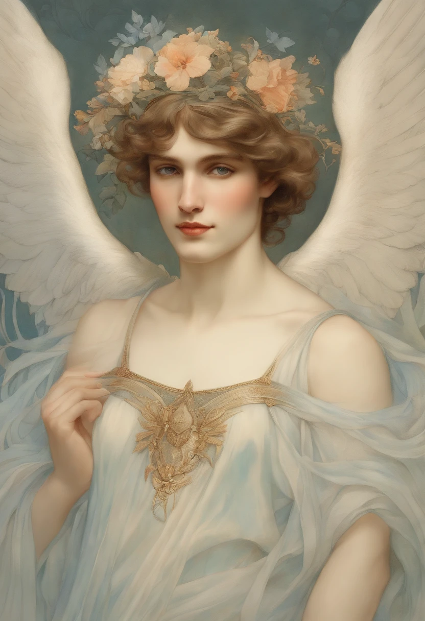 A highly defined super detailed watercolor painting, an angel, male figure, short hair, soft gaze, smile, flower, detailed cover art, with wings, Halo of Holiness, observing, In the style of Alphonse Maria Mucha and Gustave Kilmut, Accents Art Nouveau, Alphonse Mucha, Gustavo Klimt, pale bluish skin, a marble sculpture, CGSesociedade, Gothic art, Art Nouveau, Behance contest winner