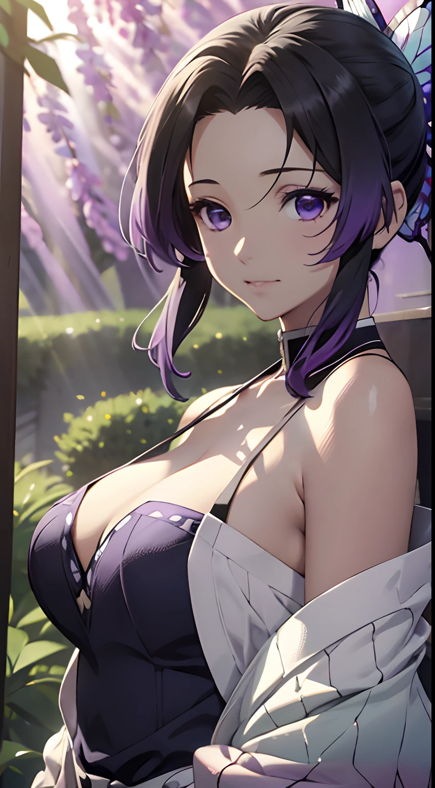 Ultra-realistic 8K CG，tmasterpiece，（（Ultra detailed backgrounds，delicate patterns，Complicated details）），Best quality at best，very vey very detailed face，very detailed eyes and faces，Very detailed eyes，Kochou Shinobu，O cabelo multicolorido，No bangs，hair intakes，Purple eye，haori，butterflys，obi strip，（trpical garden：1.2），purple flower，mostly cloudy sky，rays of sunshine，Tyndall effect，Gradient_sky，the face，beautiful sky，Saber on the waist，captivating posture，（Large breasts:1.3)，（cleavage:1.3)，（Off-the-shoulder attire:1.6)