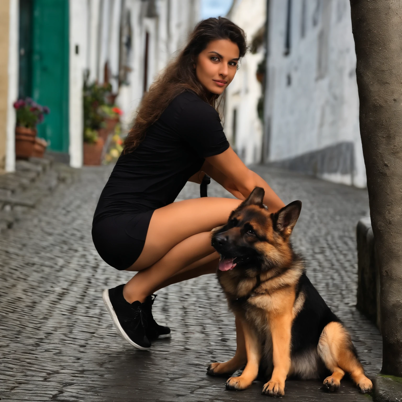 Alta qualidade Foto Realista de uma Jovem morena, 29 anos muito sensual, Training a female German Shepherd by your side in the city of Ponta Delgada