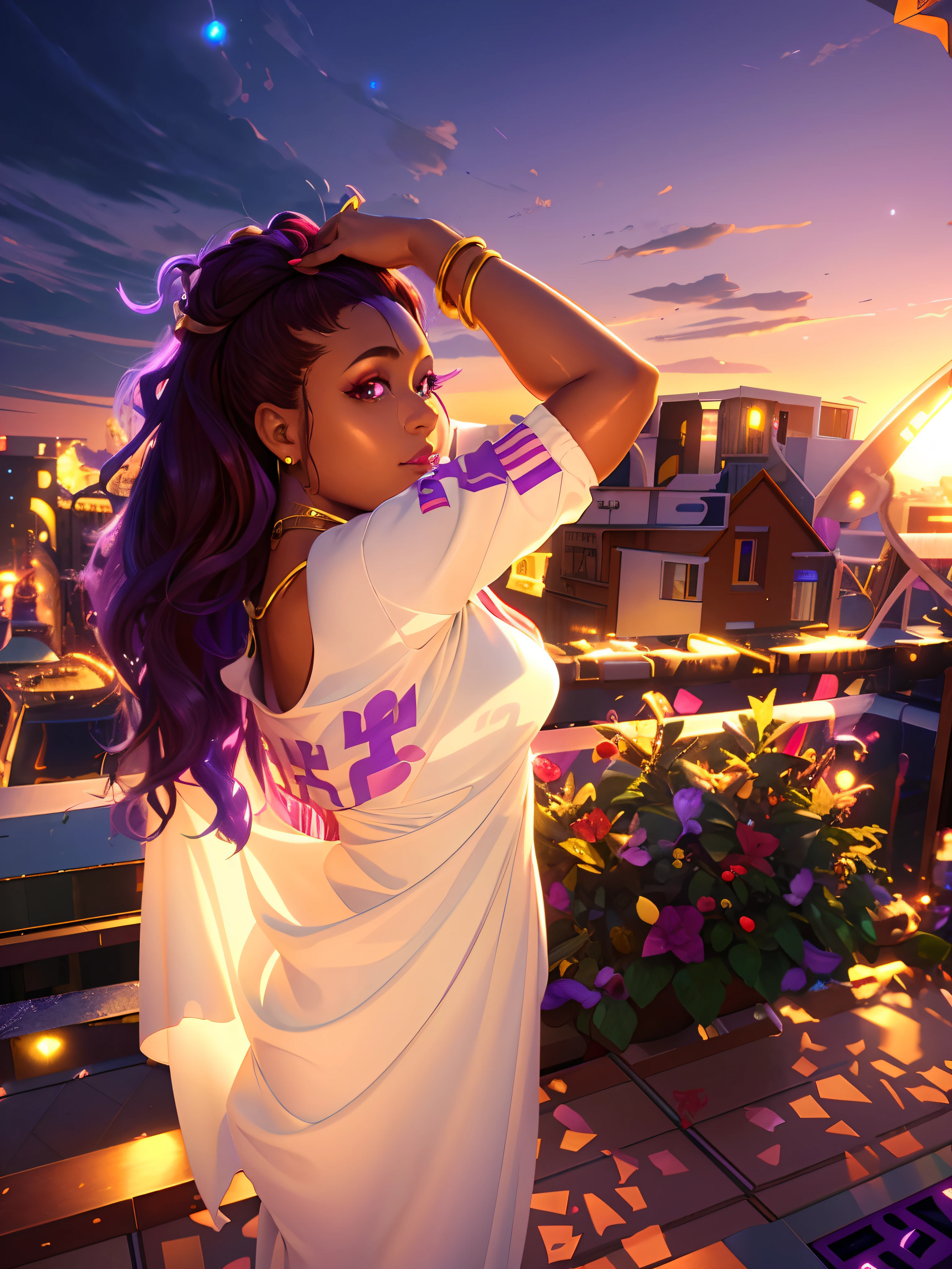 (absurdres, highres, ultra detailed), 2d, cheDark Fantasy,(masterpiece, best quality, ultra-detailed, highres, best illustration),perfect face, ((solo, solo focus)),sidelighting, lustrous skin,(bloom), (shine), ray tracing,1girl, solo, fair skin, jewelry, necklace, fair-skinned female, multicolored hair, lips, purple hair, upper body, brown eyes, breasts, bare shoulders, hair ornament, makeup, long hair, black hair, very dark skin, dreadlocks,depth_of_field, city background,very detailed background,extreme light and shadow,(detailed eyes), (beautiful) beautiful detailed eyes, perfect lighting , perfect anatomy,(extremely detailed illustrated 8k wallpaper),(masterpiece), (best quality), (ultra-detailed), (best illustration),(best shadow), vivid colors, portrait, shoulder, half body