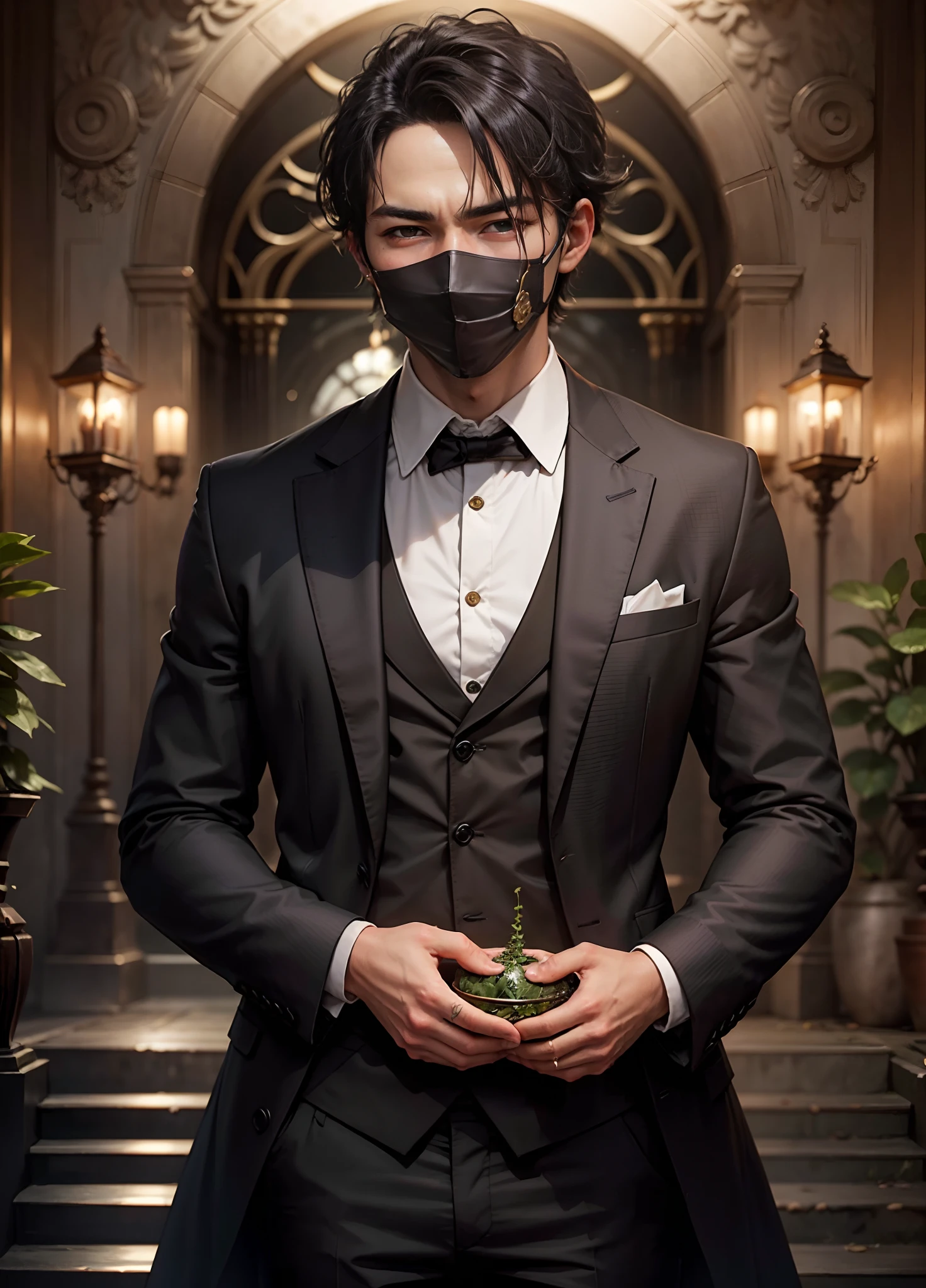 Anime boy with black hair and green tips dressed in a suit and holding a worn ritual mask