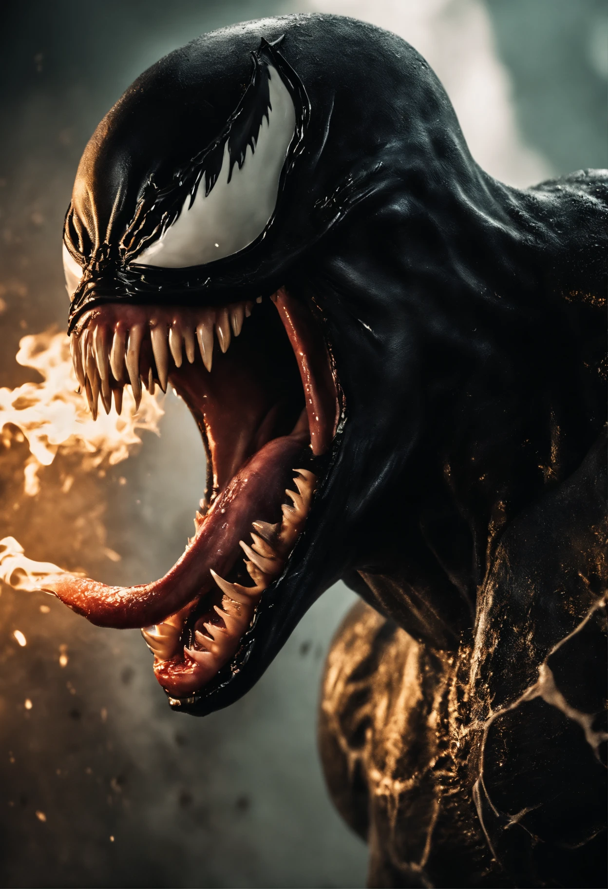 Venom in slime form, scary, long tongue , evil, enemy, fighting, attacking pose, screeming, fire, explosions