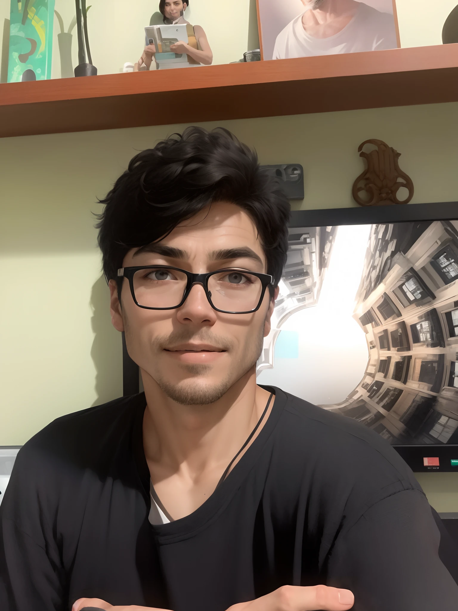 Realistic 8K, Portrait, (masterpiece: 1.4) image of a thin 28-year-old man, with short black hair, wearing a black vest with a white blouse underneath, tense expression, walking in a decrepit hotel lobby. realistic face, smiling, grey back ground,