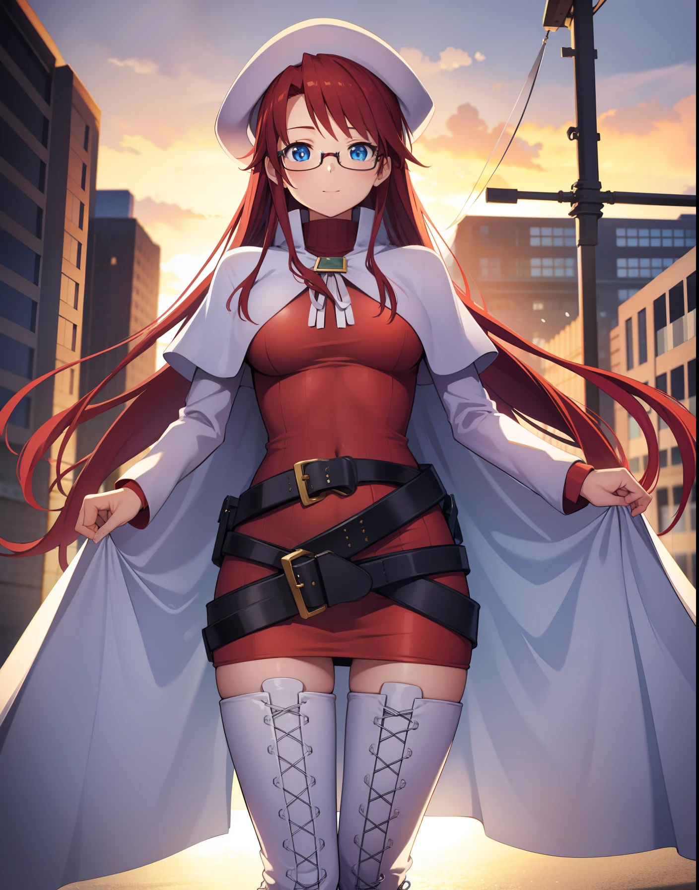 summonnightaty, aty, long hair, blue eyes, red hair, beret, hat, glasses,
BREAK long hair, thighhighs, hat, dress, boots, glasses, belt, cape, sweater, zettai ryouiki, beret, thigh boots, white footwear, ribbed sweater, loose belt,,
BREAK outdoors, fantasy_town,
BREAK (masterpiece:1.2), best quality, high resolution, unity 8k wallpaper, (illustration:0.8), (beautiful detailed eyes:1.6), extremely detailed face, perfect lighting, extremely detailed CG, (perfect hands, perfect anatomy),(covered_nipples:1.3),covered_navel,light_smile,dynamic_posing,(half_eyes:1.2),light_open_mouth,sword,armpit