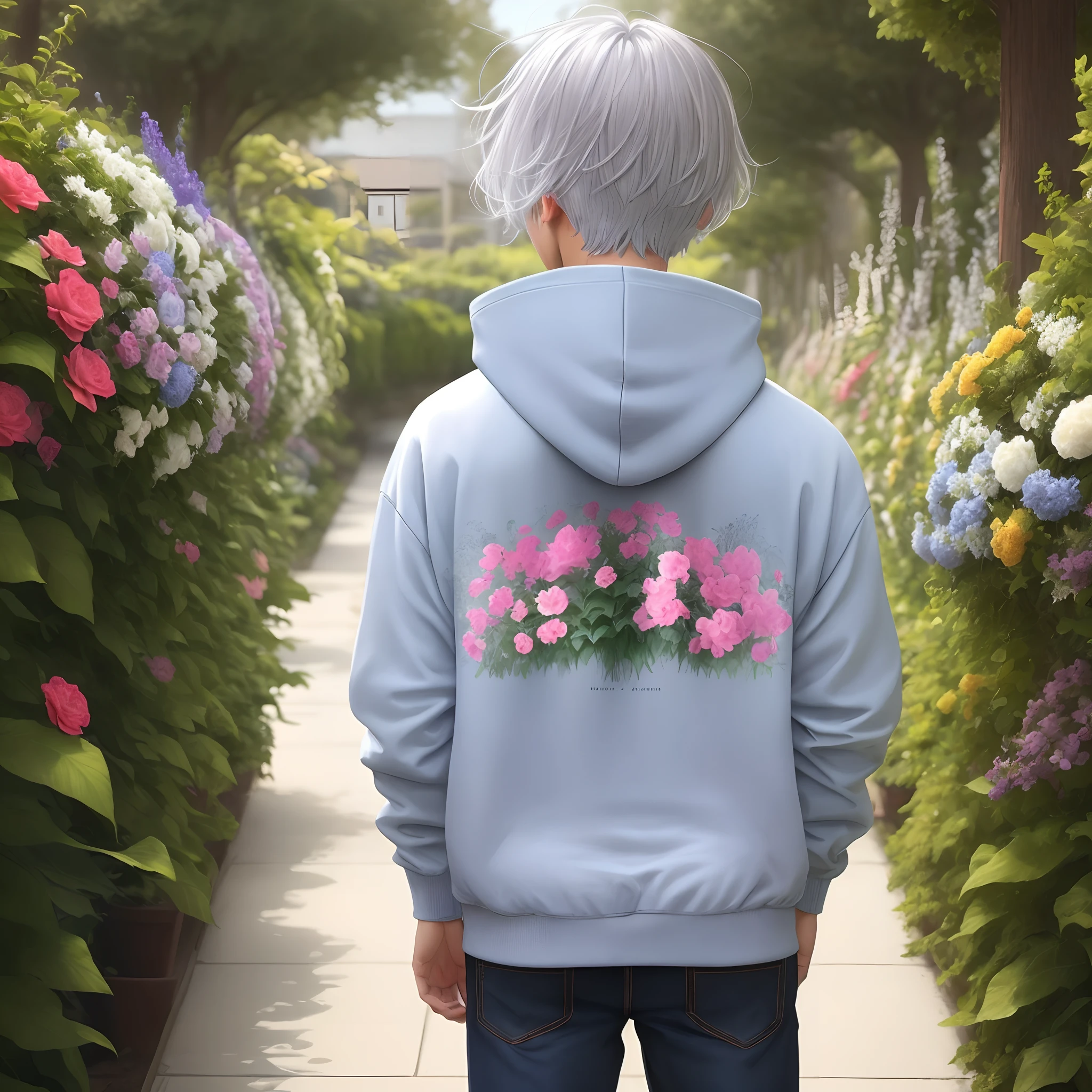 Man Silver Hair Mash Blue Hoodie Back View Flower Garden