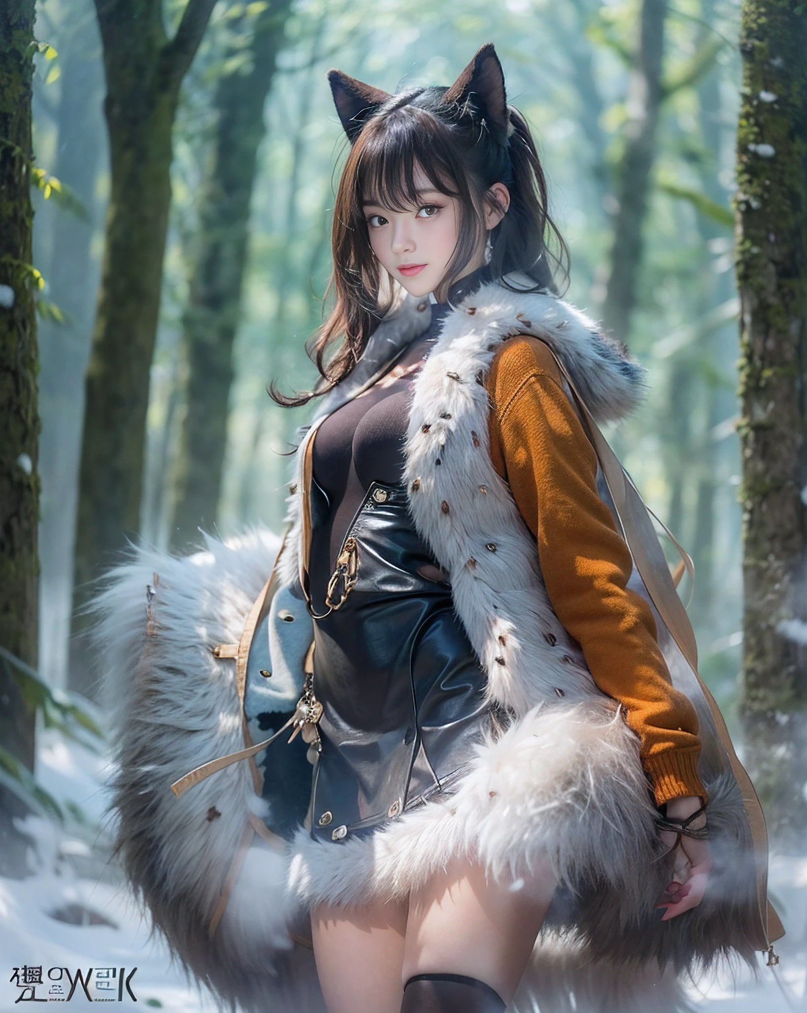 masutepiece、top-quality、((20 years girl、独奏、Beautiful detailed girl))、Smile、Black Shorthair、Highly detailed eyes and face、Beautiful detailed eyes、radiant eyes、with round face、Well-formed and cute face:1.1、dye one's cheeks red、small head、hight resolution、A highly detailed、sexy pose、Illustration、super detailing、masutepiece、Fur coat、Wearing a sweater、Black miniskirt、Light Black Tights、(large full breasts:1.2、A slender)、Photograph the whole body、snowscape、in woods、Blur the background、tre anatomically correct