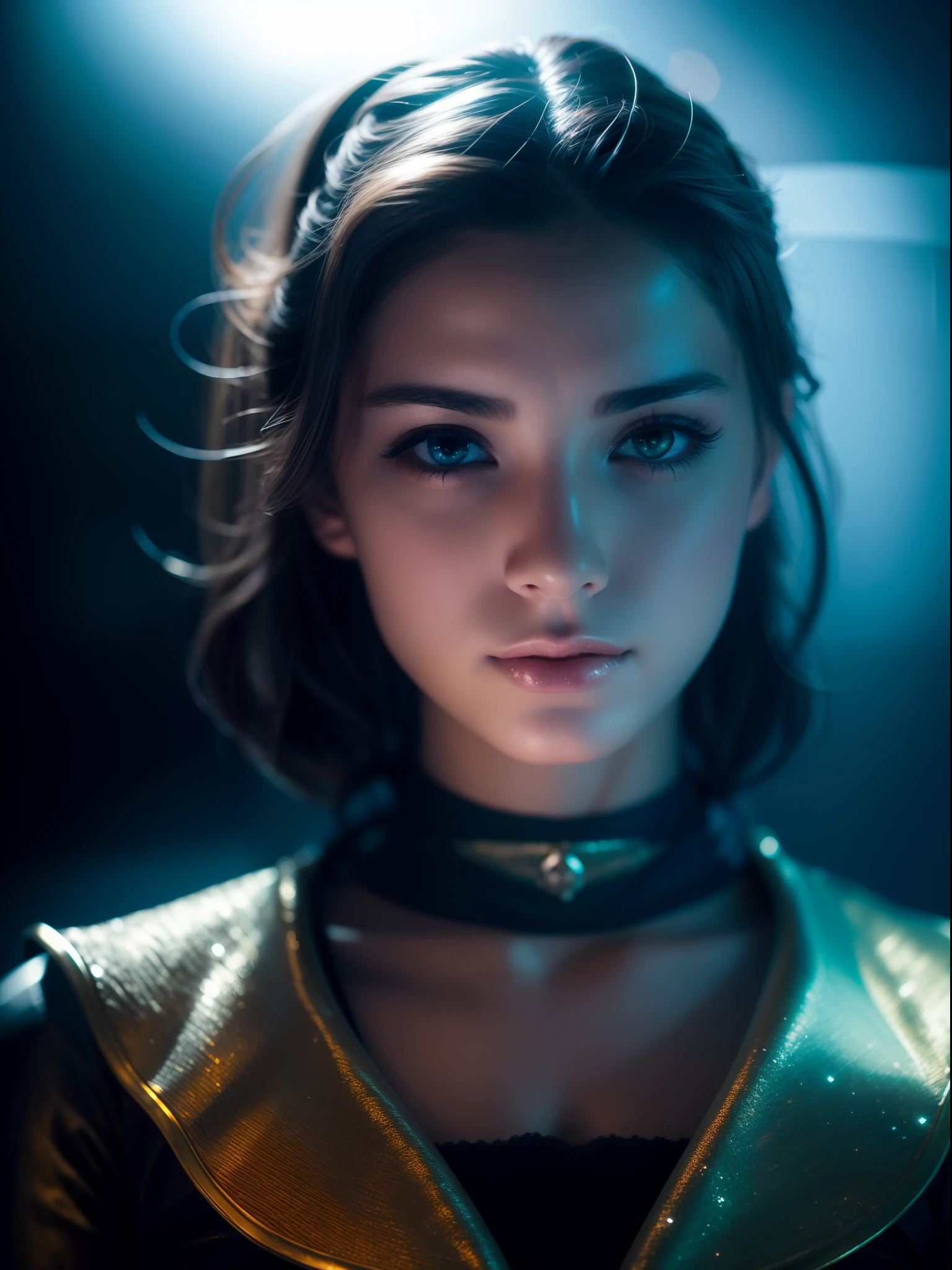 (best quality,4k,highres:1.2),ultra-detailed,realistic,photorealistic:1.37,A girl in a dark and moody setting,portrait blurred background,metallic outfit,shot with Sony Alpha 7 DSLR,beautiful detailed eyes,beautiful detailed lips, smiley expressive face,long eyelashes,dark mysterious atmosphere,high contrast,mysterious mist,subtle hints of fog,lens flare,chromatic aberration,rich and vibrant colors,dramatic pose with a slight tilt of the head,focus on the girl's face,subtle bokeh effects