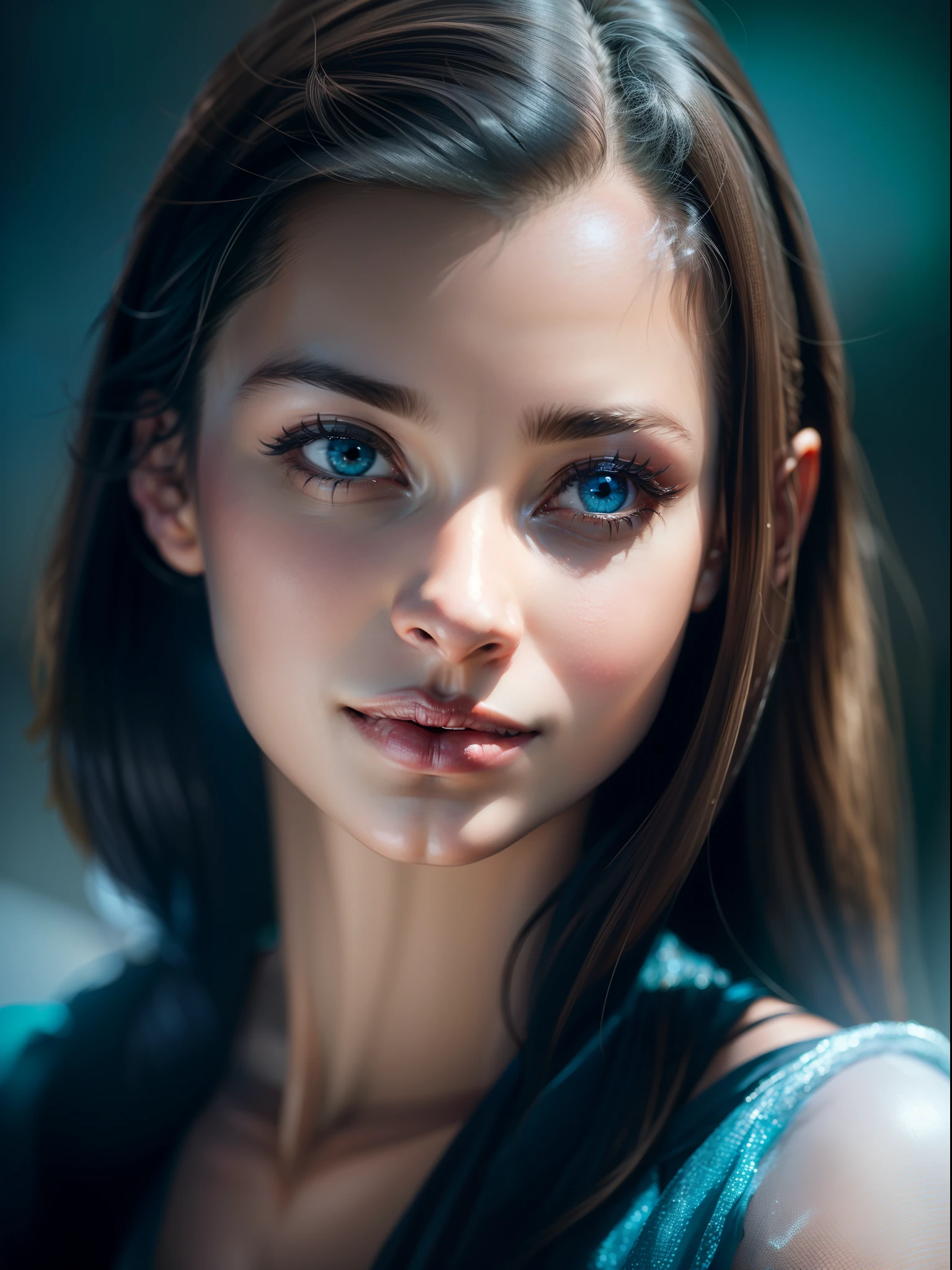 (best quality,4k,highres:1.2),ultra-detailed,realistic,photorealistic:1.37,A girl in a dark and moody setting,portrait blurred background,metallic outfit,shot with Sony Alpha 7 DSLR,beautiful detailed eyes,beautiful detailed lips, smiley expressive face,long eyelashes,dark mysterious atmosphere,high contrast,mysterious mist,subtle hints of fog,lens flare,chromatic aberration,rich and vibrant colors,dramatic pose with a slight tilt of the head,focus on the girl's face,subtle bokeh effects