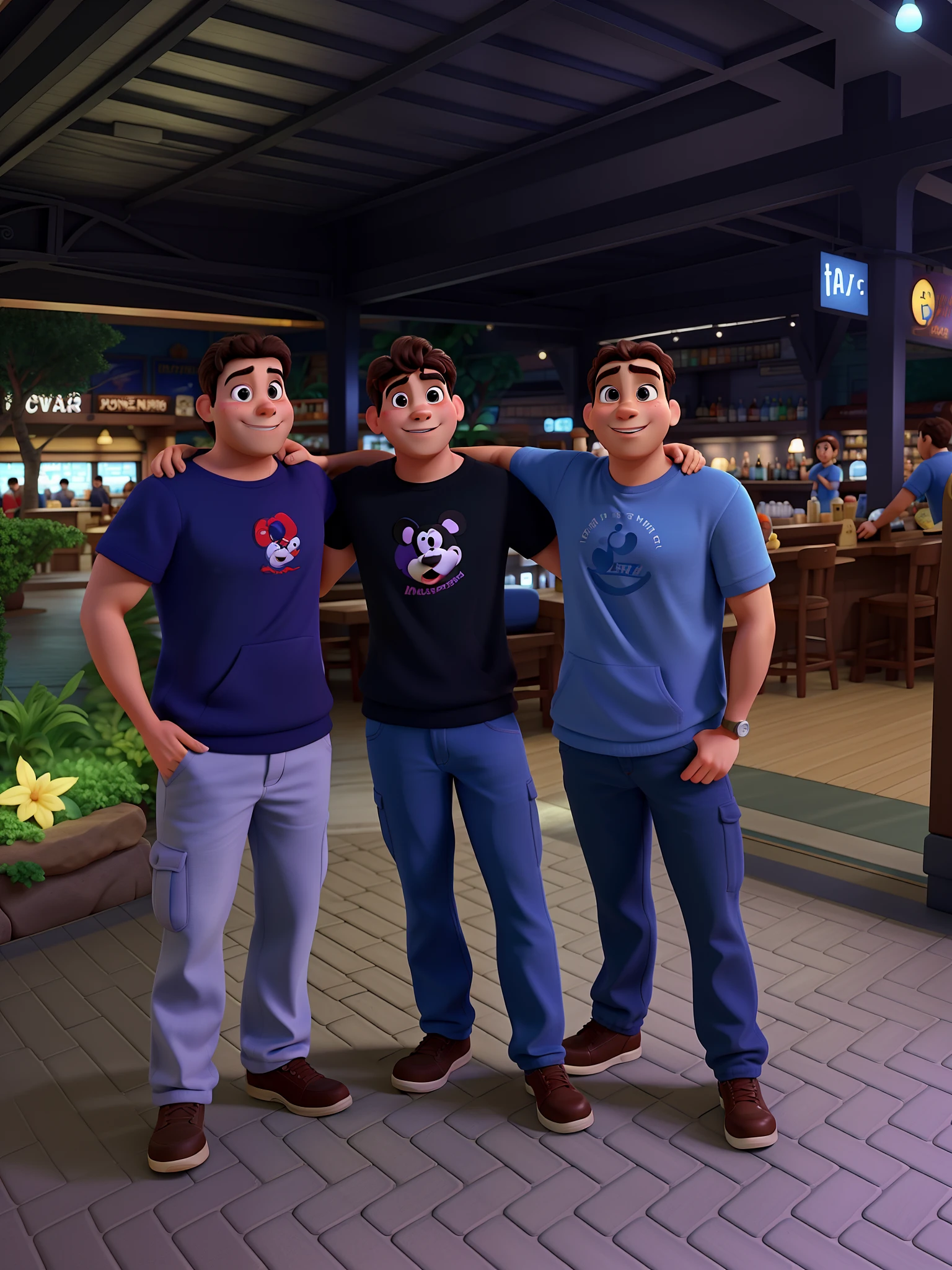 Three friends in Disney Pixar style, alta qualidade, em uma bar.
