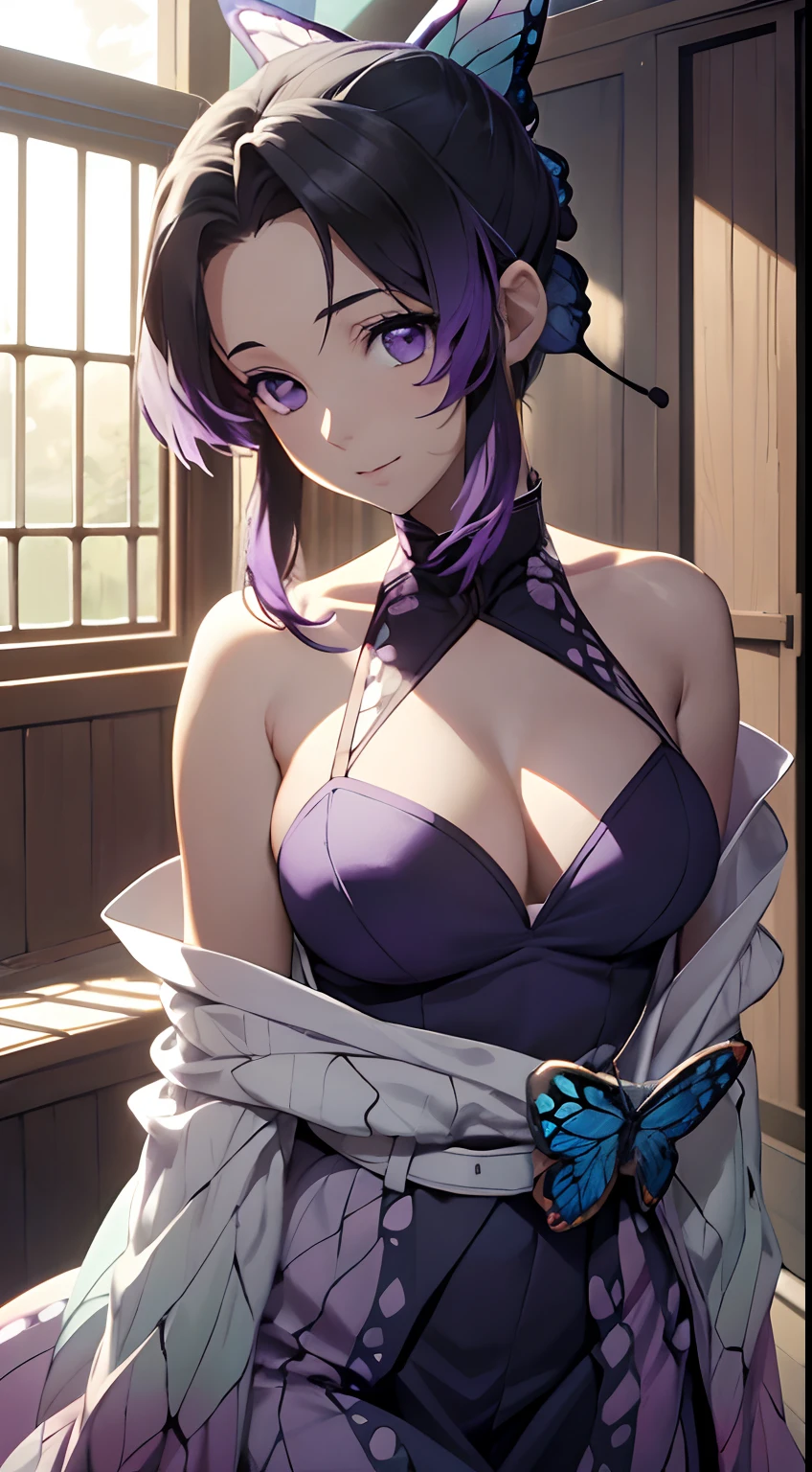 Ultra-realistic 8K CG，tmasterpiece，（（Ultra detailed backgrounds，delicate patterns，Complicated details）），Best quality at best，very vey very detailed face，very detailed eyes and faces，Very detailed eyes，Kochou Shinobu，O cabelo multicolorido，No bangs，hair intakes，Purple eye，haori，butterflys，obi strip，（trpical garden：1.2），purple flower，mostly cloudy sky，rays of sunshine，Tyndall effect，Gradient_sky，the face，beautiful sky，Saber on the waist，captivating posture，（Large breasts:1.3)，（cleavage:1.3)，（Off-the-shoulder attire:1.6)