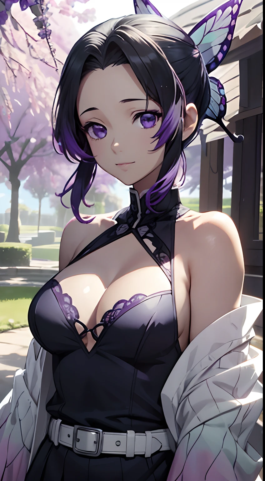 Ultra-realistic 8K CG，tmasterpiece，（（Ultra detailed backgrounds，delicate patterns，Complicated details）），Best quality at best，very vey very detailed face，very detailed eyes and faces，Very detailed eyes，Kochou Shinobu，O cabelo multicolorido，No bangs，hair intakes，Purple eye，haori，butterflys，obi strip，（trpical garden：1.2），purple flower，mostly cloudy sky，rays of sunshine，Tyndall effect，Gradient_sky，the face，beautiful sky，Saber on the waist，captivating posture，（Large breasts:1.3)，（cleavage:1.3)，（Off-the-shoulder attire:1.6)
