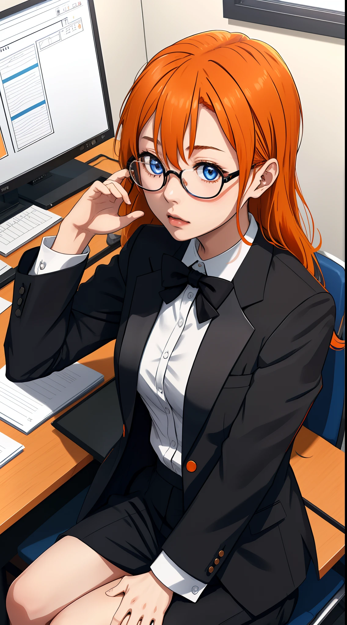 Kousaka honoka, black suit jacket, formal clothes, white top,rectangular glasses, hair ornament, sitting in office, orange hair, blue eyes, (sexy lips:0.7)