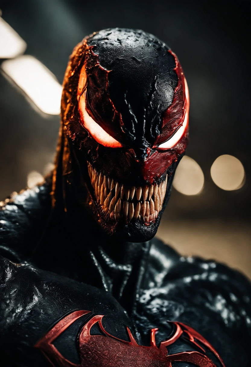 Venom in slime form combined with Superman, evil, enemy, red and black torn cape