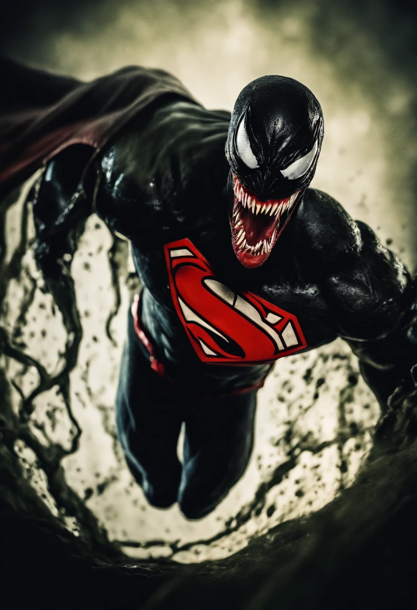 Venom in slime form combined with Superman, evil, enemy, red and black torn cape