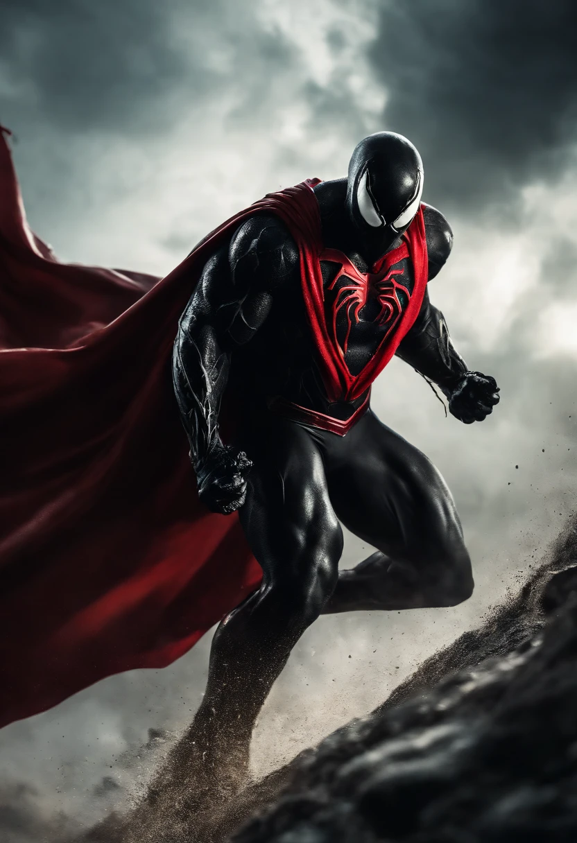 Venom in slime form combined with Superman, evil, enemy, red and black torn cape