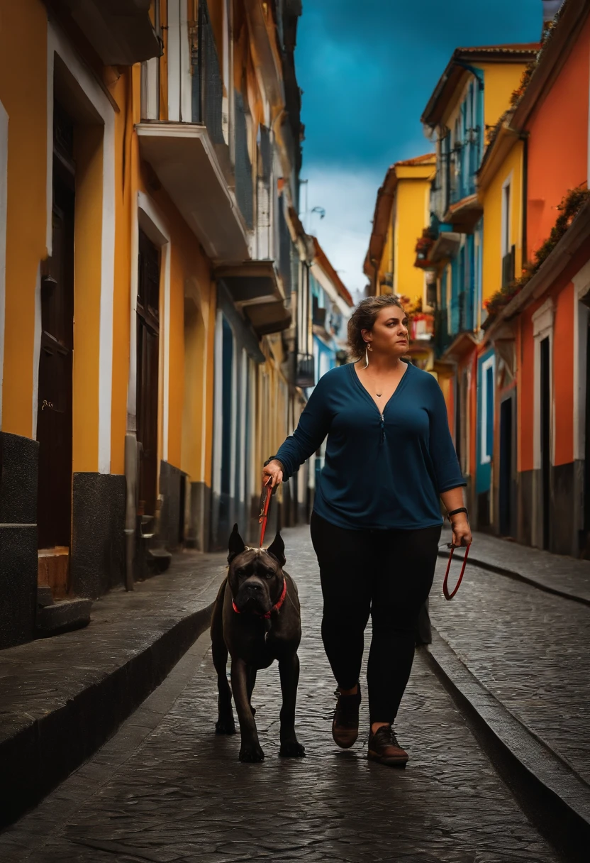 Fotorrealista 8K de uma jovem morena muito sexy, 39 anos, training with a female Cane Corso by his side in the city of Ponta Delgada