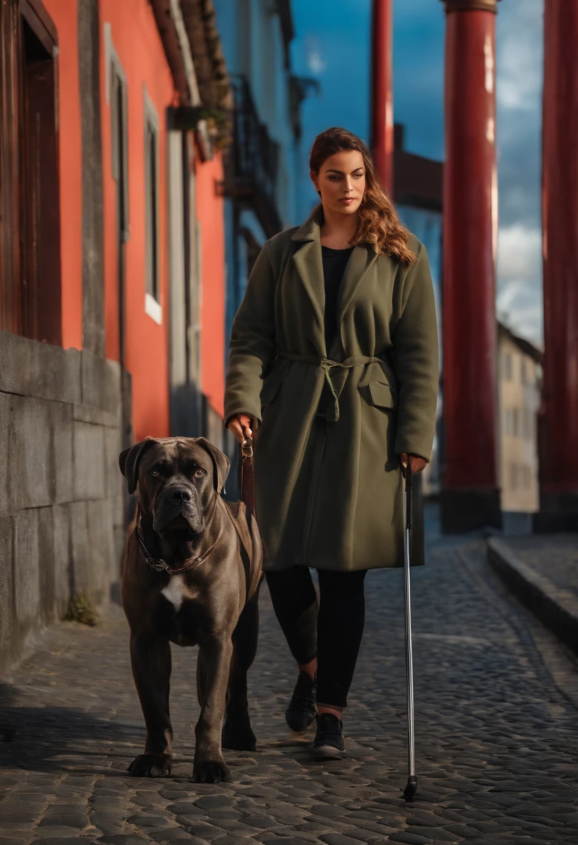 Fotorrealista 8K de uma jovem morena muito sexy, 39 anos, training with a female Cane Corso by his side in the city of Ponta Delgada