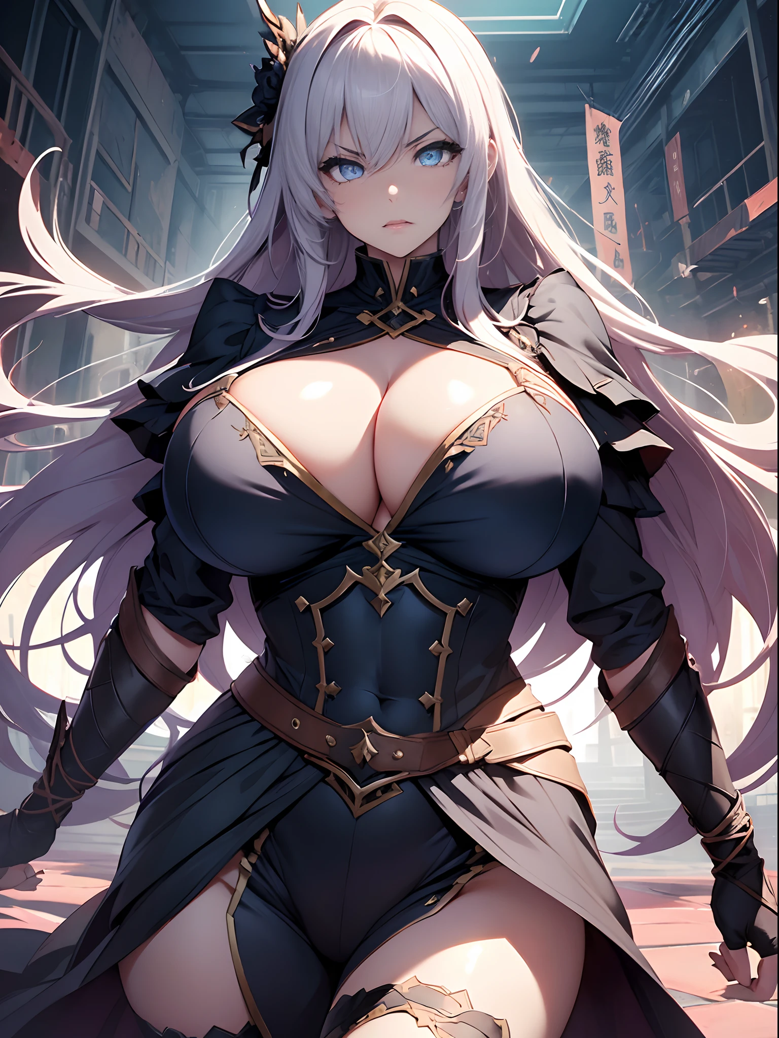 1 girl、((beautiful eyes:1.3))、((huge breasts:1.3))、battle poses、curvy、angry face、damaged costume、from below、masterpiece、best quality、high resolution、digital illustration、watercolor