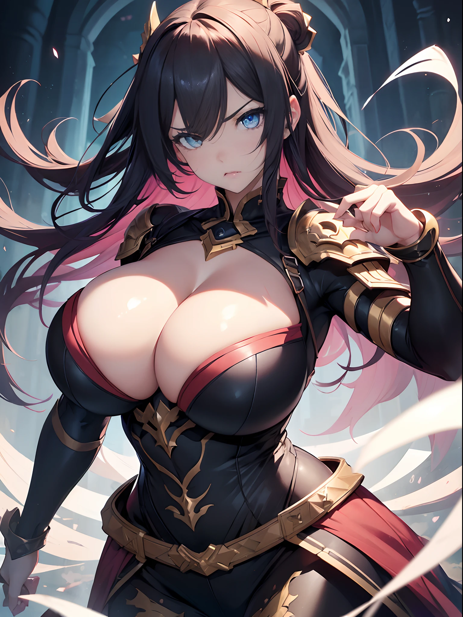 1 girl、((beautiful eyes:1.3))、((huge breasts:1.3))、battle poses、curvy、angry face、damaged costume、from below、masterpiece、best quality、high resolution、digital illustration、watercolor