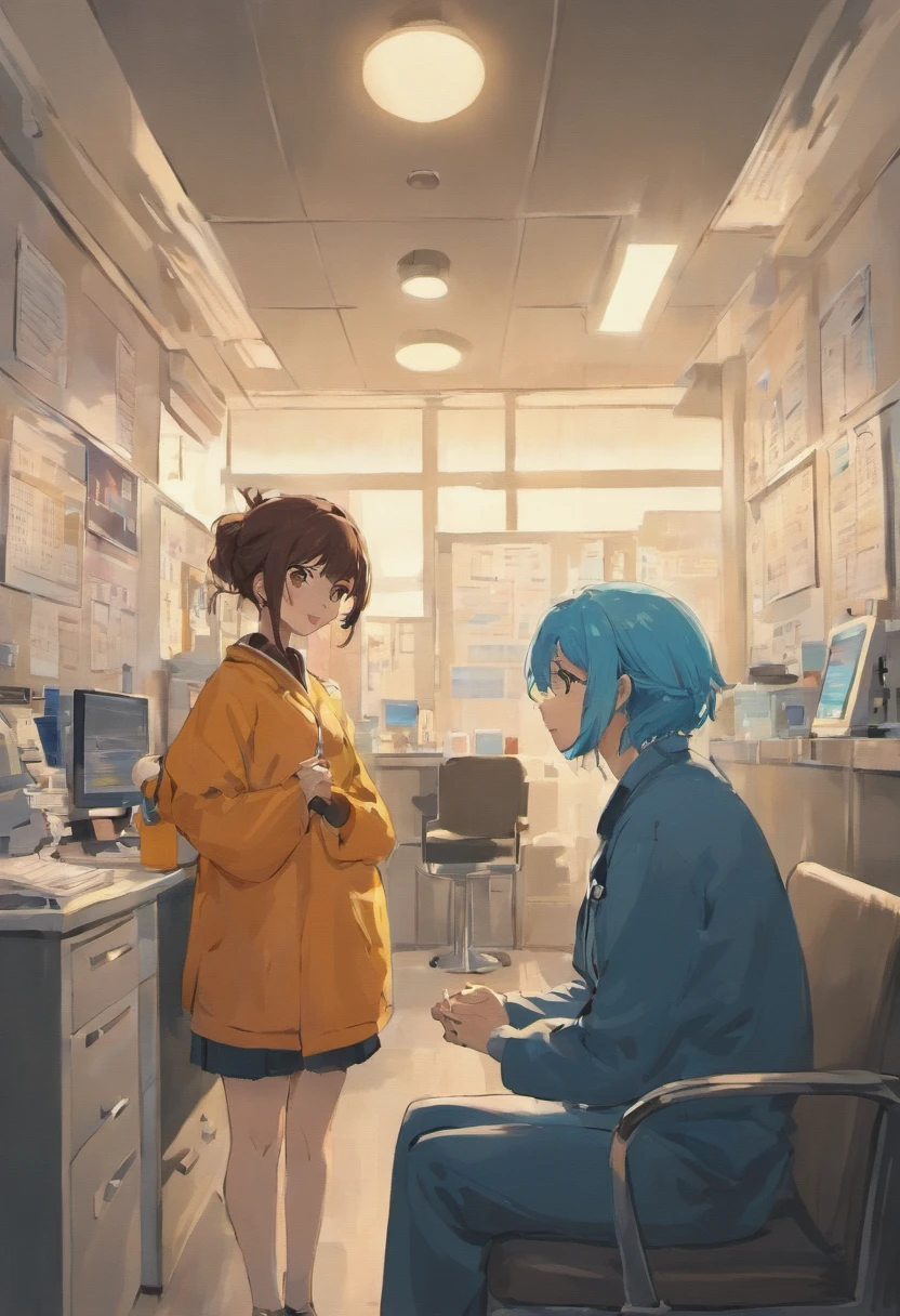 A 30-year-old female patient sits in an outpatient clinic and talks to a 40-year-old male doctor