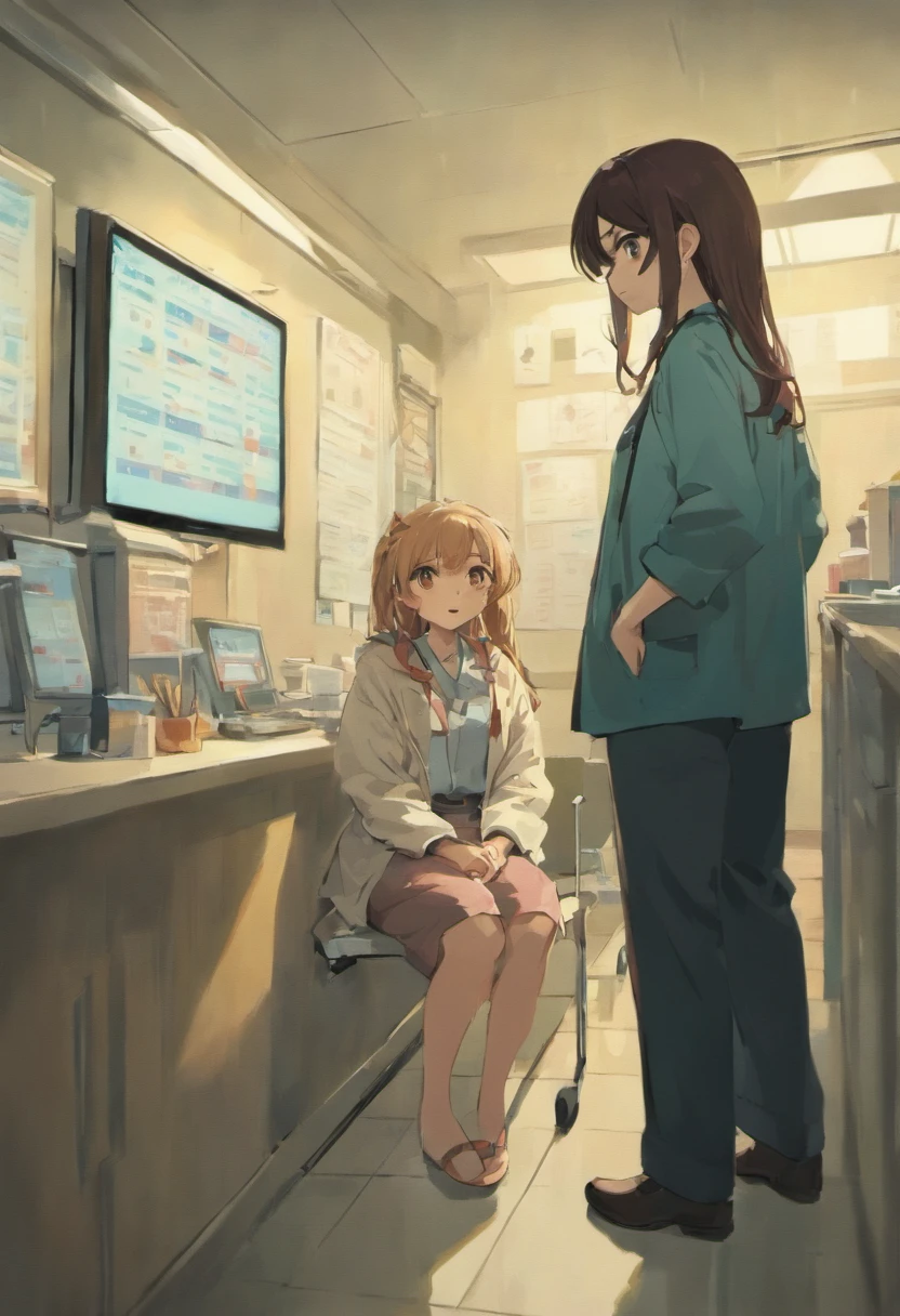 A 30-year-old female patient sits in an outpatient clinic and talks to a 40-year-old male doctor