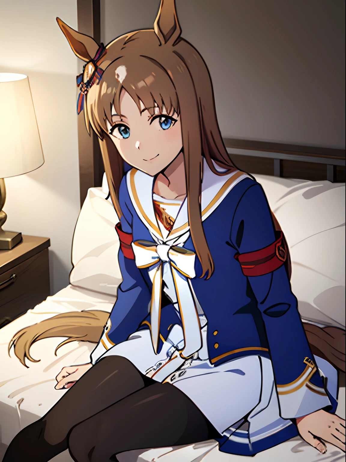 grass wonder \(Umamusume\), 1 girl, Solo, Best Quality, masutepiece, 8K, High resolution, Ultra-detailed, sitting on the bed, bed sheet, light smile, Blue jacket, White sailor color, Long sleeves, White skirt, Black pantyhose,