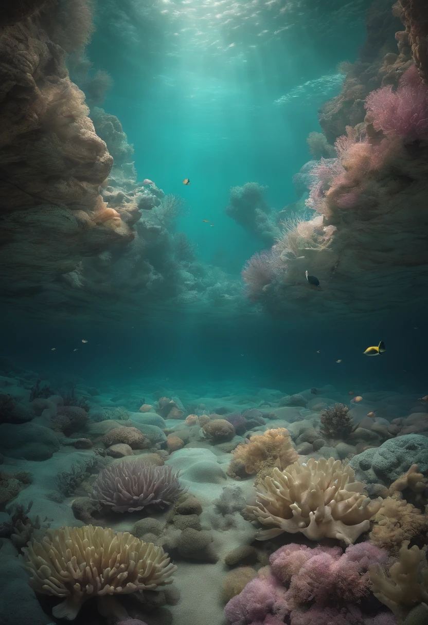 epic realistic, ((((pastel colour)))), Eschatological, Abandoned, ocean floor,abyssal,Nuclear contamination,jpn,disuse,Mutant fish,Radioactive material,entangle,heavy metal,depth of fields,high detal