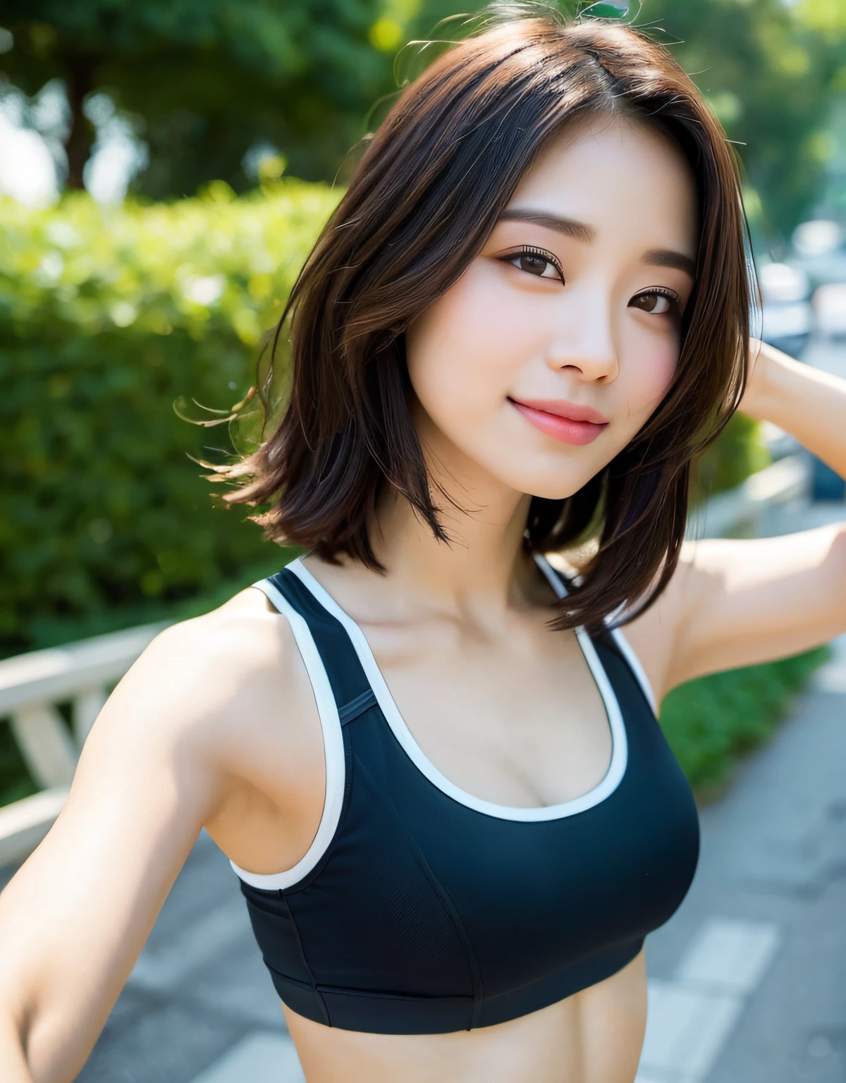 ((Top Quality, 8k, Masterpiece: 1.3)), Sharp Focus: 1.2, Perfect Body Shape Pretty Woman: 1.4, Slender Abs: 1.2, (Layered Haircut, Big: 1.8), (Sports Bra: 2.0), (Jogging: 1.8), (Street: 1.2), Highly Detailed Face and Skin Texture, Detailed Eyes, Double Eyelids, Smile, Bokeh,