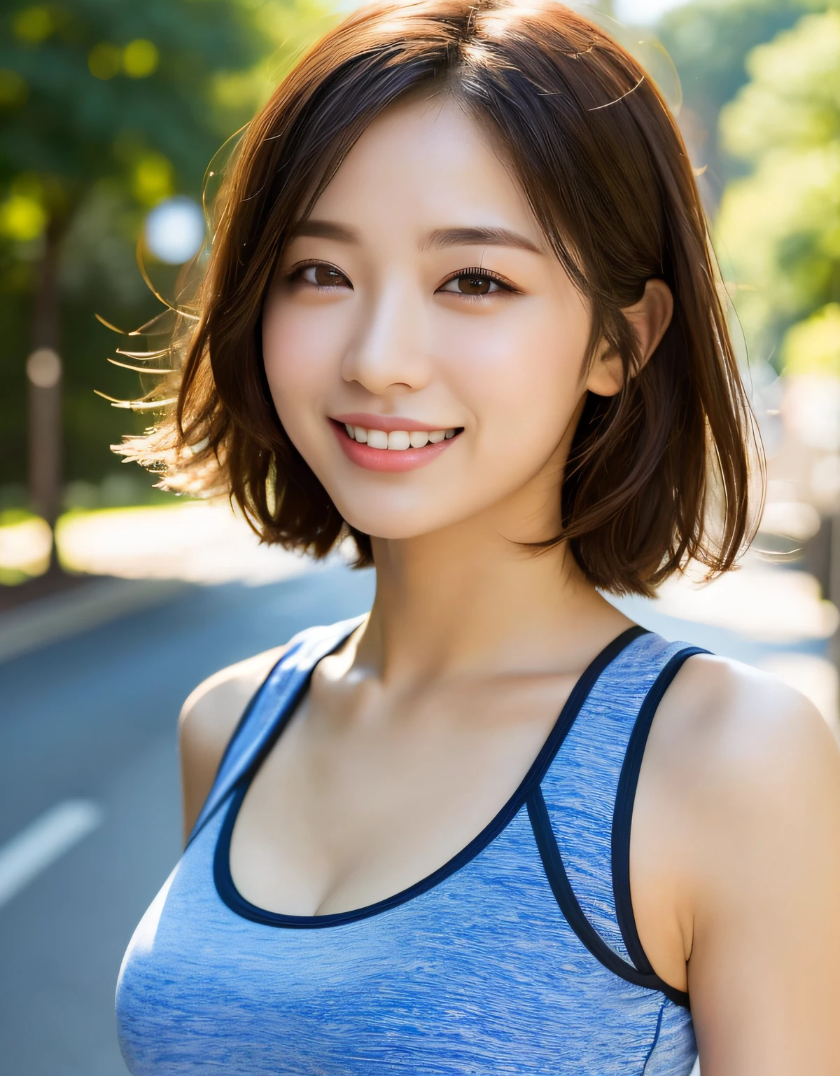 ((Top Quality, 8k, Masterpiece: 1.3)), Sharp Focus: 1.2, Perfect Body Shape Pretty Woman: 1.4, Slender Abs: 1.2, (Layered Haircut, Big: 1.8), (Sports Bra: 2.0), (Jogging: 1.8), (Street: 1.2), Highly Detailed Face and Skin Texture, Detailed Eyes, Double Eyelids, Smile, Bokeh,