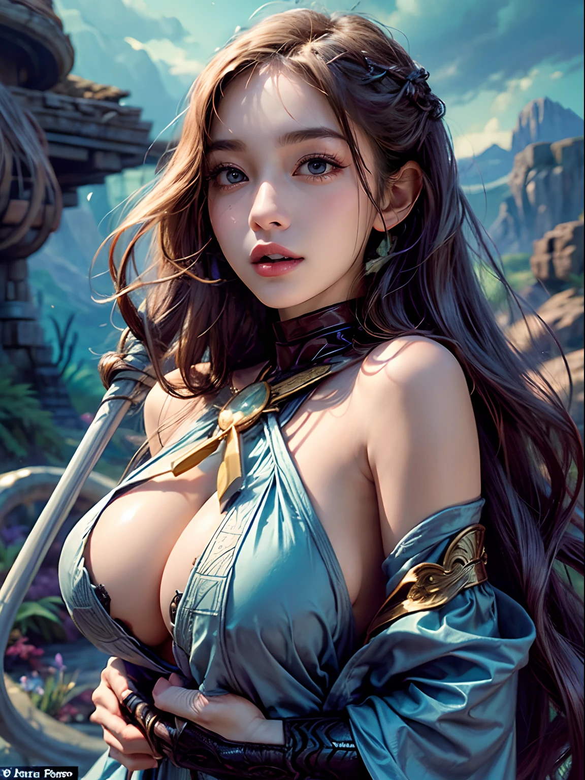 (((Make your boobs even bigger))), Set the background to a fantasy world, Make your hair super long with waves, Hold your spear to the left, Change into a monk's uniform