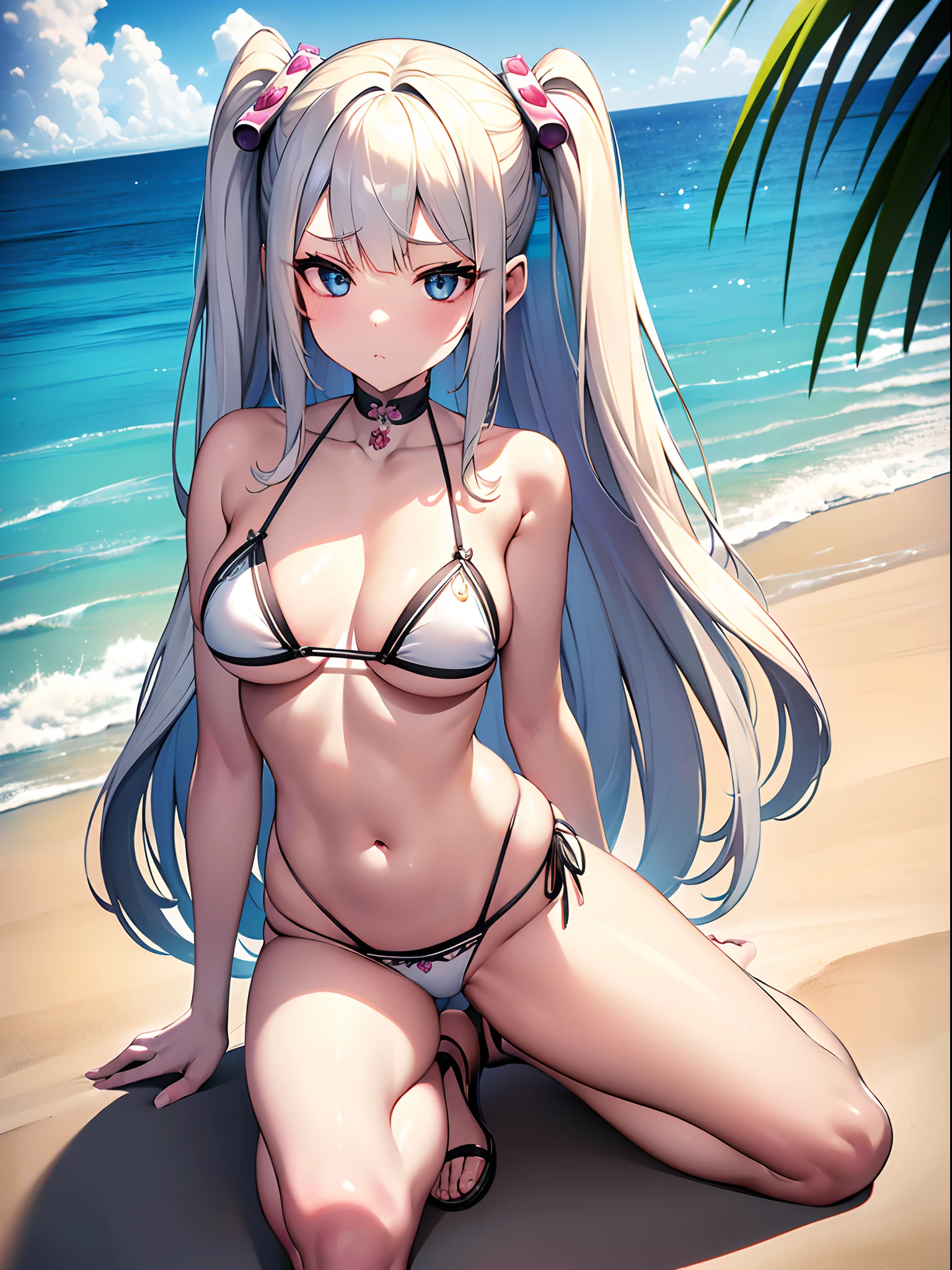 ((Best Quality)), (ultra-detailliert), ((Extremely detailed)), (Beautiful), ((Kawaii Girl)),(two side up hair)、((masutepiece)),Platinum Blonde Hair,Long hair, hair between eye, Wavy Hair, Long sideburns,Jade colored eyes, White skin,Normal Chest,Slender body,side tie bikini bottom、Sandals,in beach,One Woman,Anime